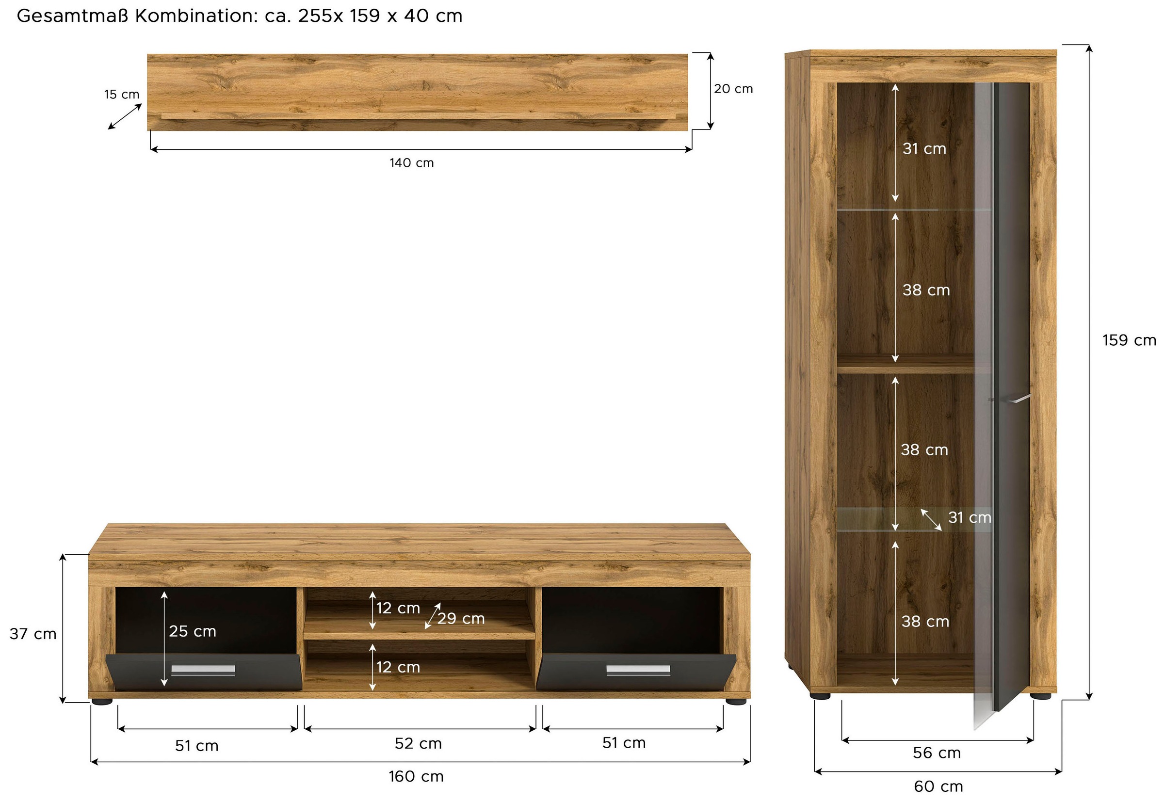 INOSIGN Wohnwand »Aosta, Breite 235cm, bestehend aus Lowboard, Wandboard, Vitrine«, (3 St.), Wohnwand, Kombination, Anbauwand, Möbel Set, Schrankwand, Möbel Kombi