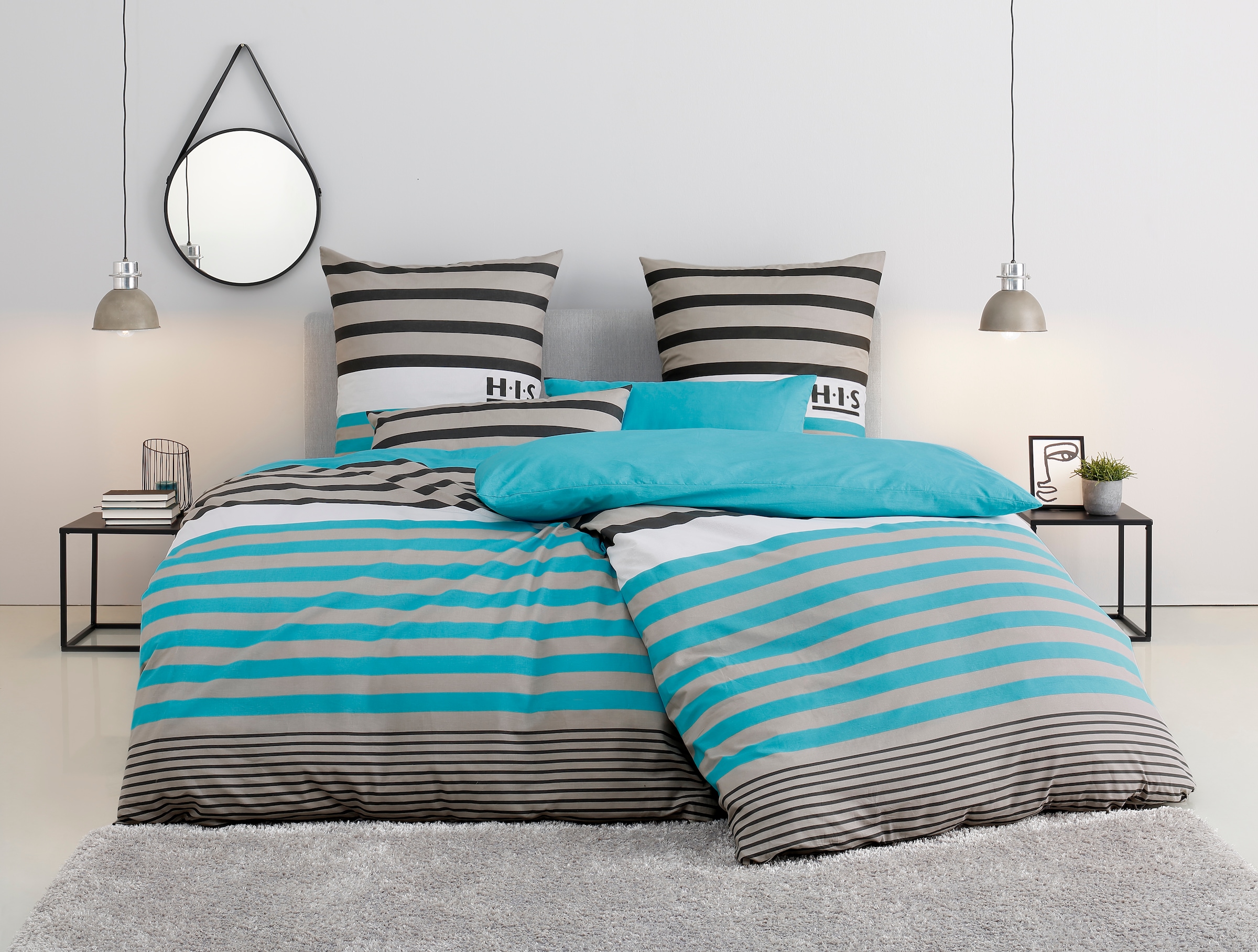 Bettwäsche H.I.S, blau, Biber, Obermaterial: 100% Baumwolle, Bettwäsche, "Majoran", gestreifte Bettwäsche in verschiedenen Qualitäten