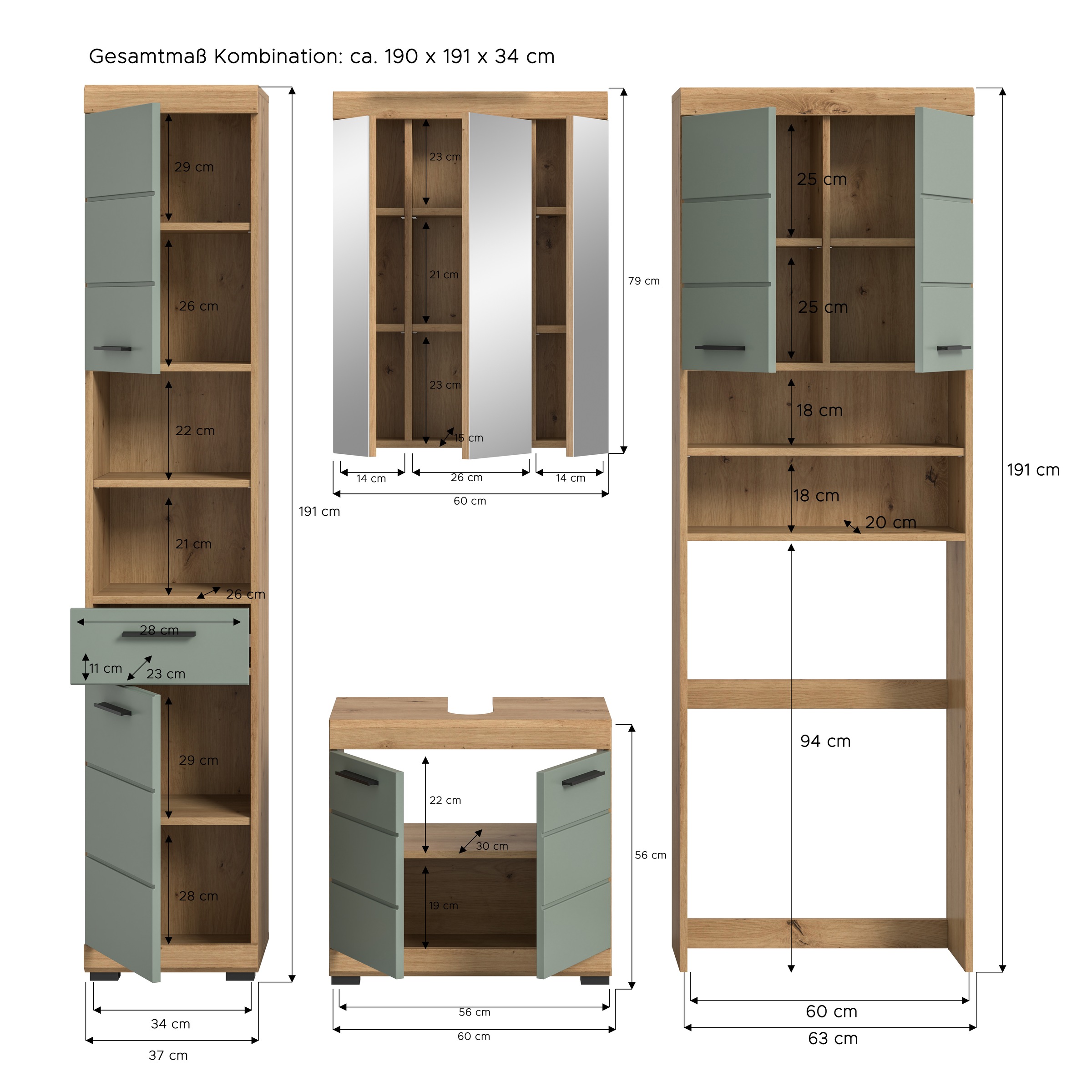 INOSIGN Badmöbel-Set »Siena, 4 teilig, bestehend aus:«, (Set), Hochschrank, WBU, Spiegelschrank, Waschmaschinenumbauschrank