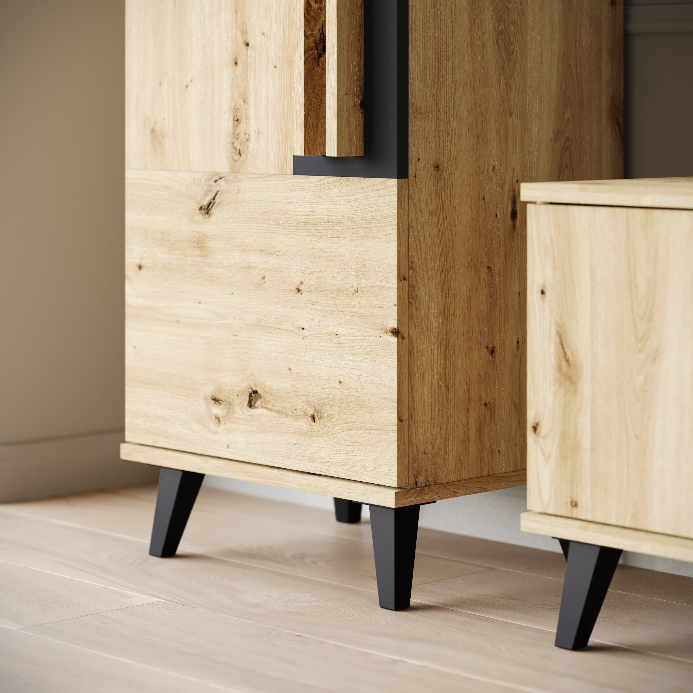 INOSIGN Wohnwand »Helsinki, Modernes Set mit verglaster Vitrine«, (Komplett-Set, 4 St.), mit lamellengriffen, verstellbaren Einlegeböden und Kunststofffüßen