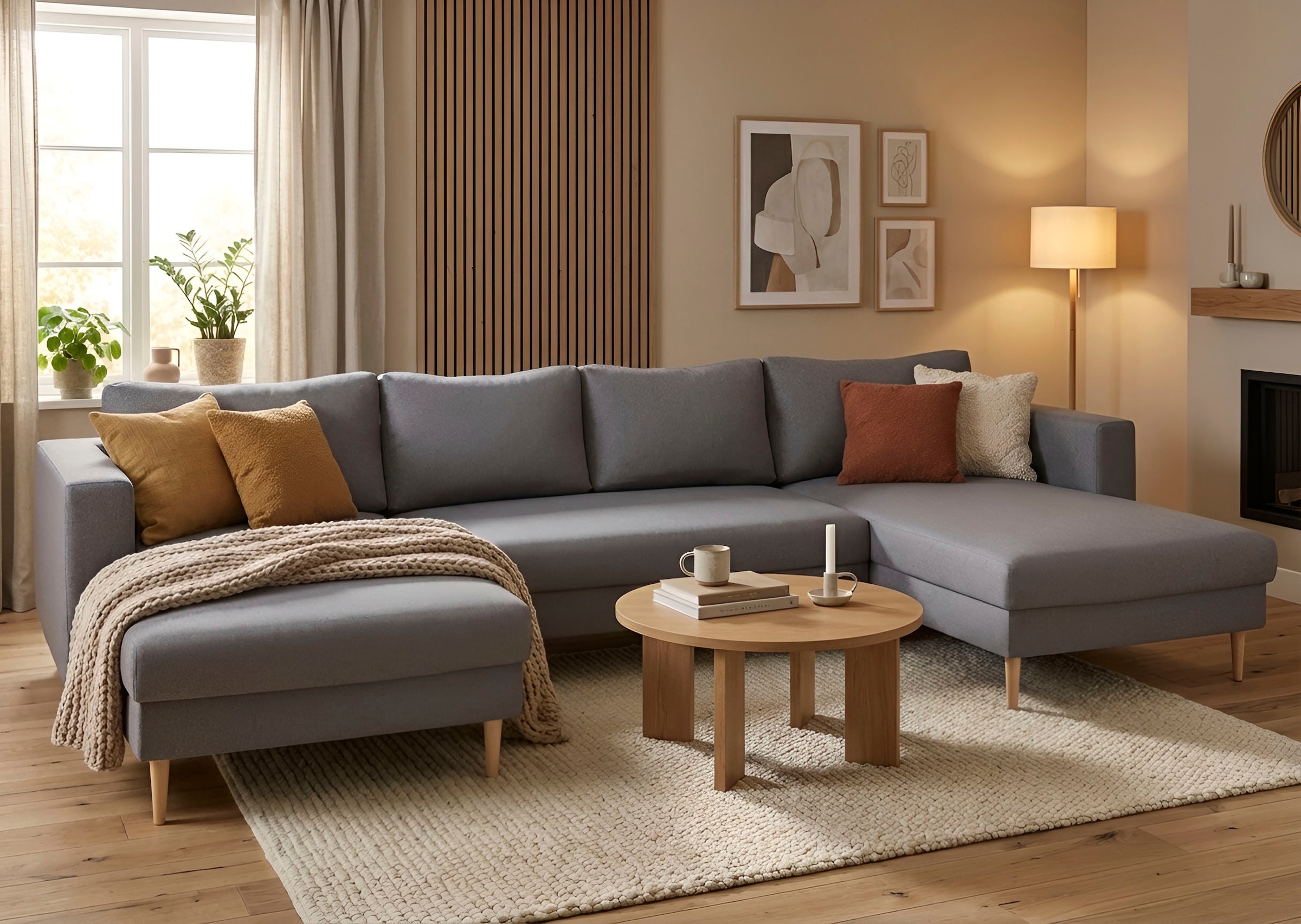TRENDMANUFAKTUR Wohnlandschaft "Amazing, wahlw. mit Schlaffunktion & Bettkasten, Fuß Buche lackiert" Sofa in U-Form, in Cord oder Struktur, Breite 305 cm