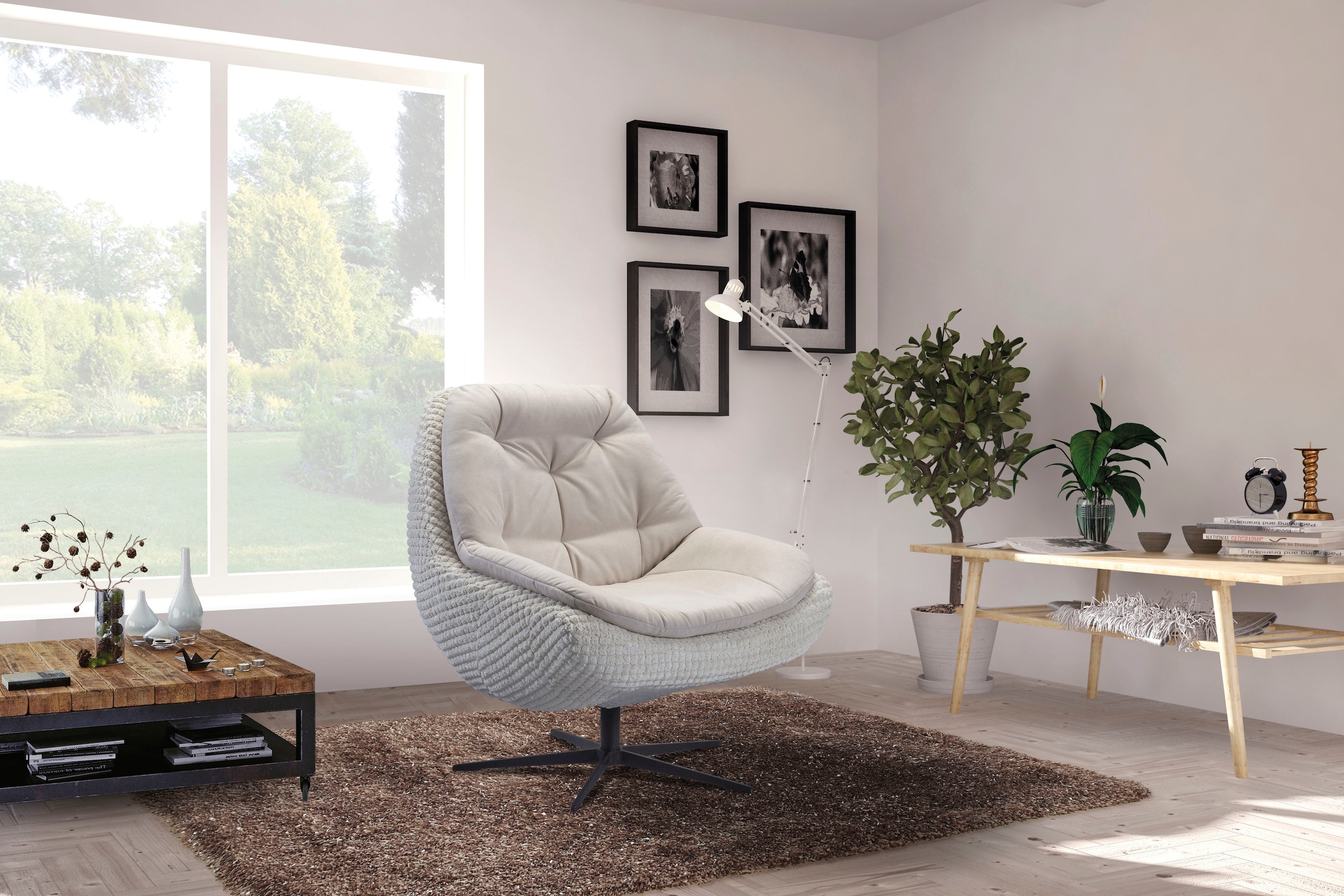 exxpo - sofa fashion Drehsessel »Dim, Loungesessel im Materialmix, Design und Komfort, Solitärmöbel«, Drehsessel bequem gepolstert mit elegantem Metall-Sternfuss