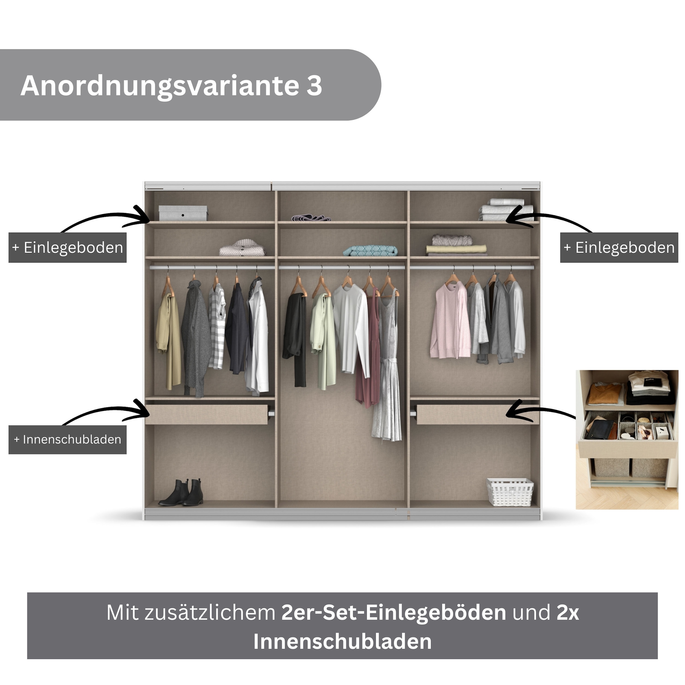 rauch Schwebetürenschrank »Kleiderschrank Schrank Garderobe KOLUNA mit Glastüren und Spiegel«, inkl. 2 Innenschubladen sowie extra Einlegeböden MADE IN GERMANY