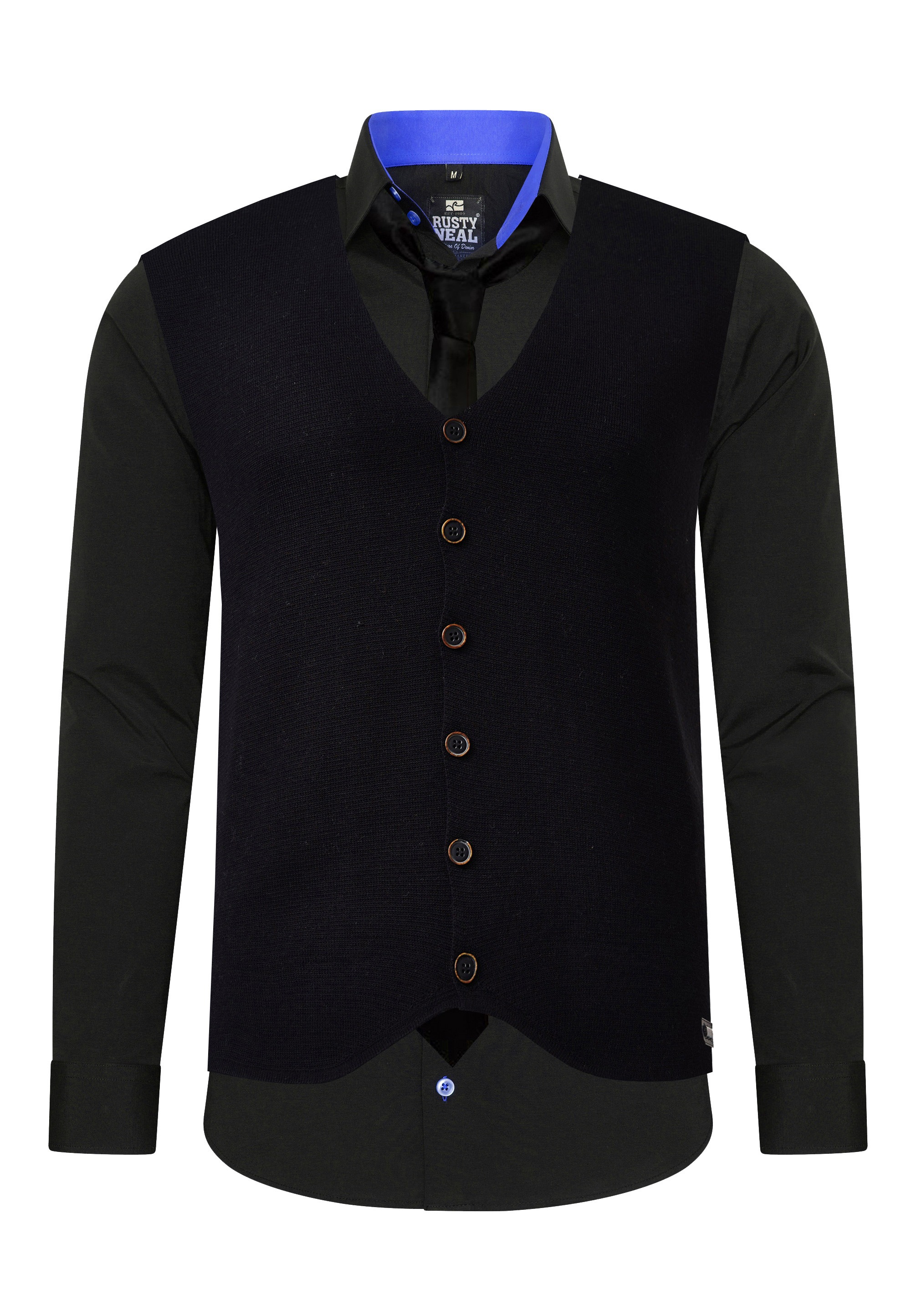 Langarmhemd RUSTY NEAL, Herren, Gr. L, EURO-Größen, schwarz (schwarz, blau), 60% Baumwolle, 37% Polyester, 3% Elasthan, unifarben, Hemden, mit Weste und Krawatte 3