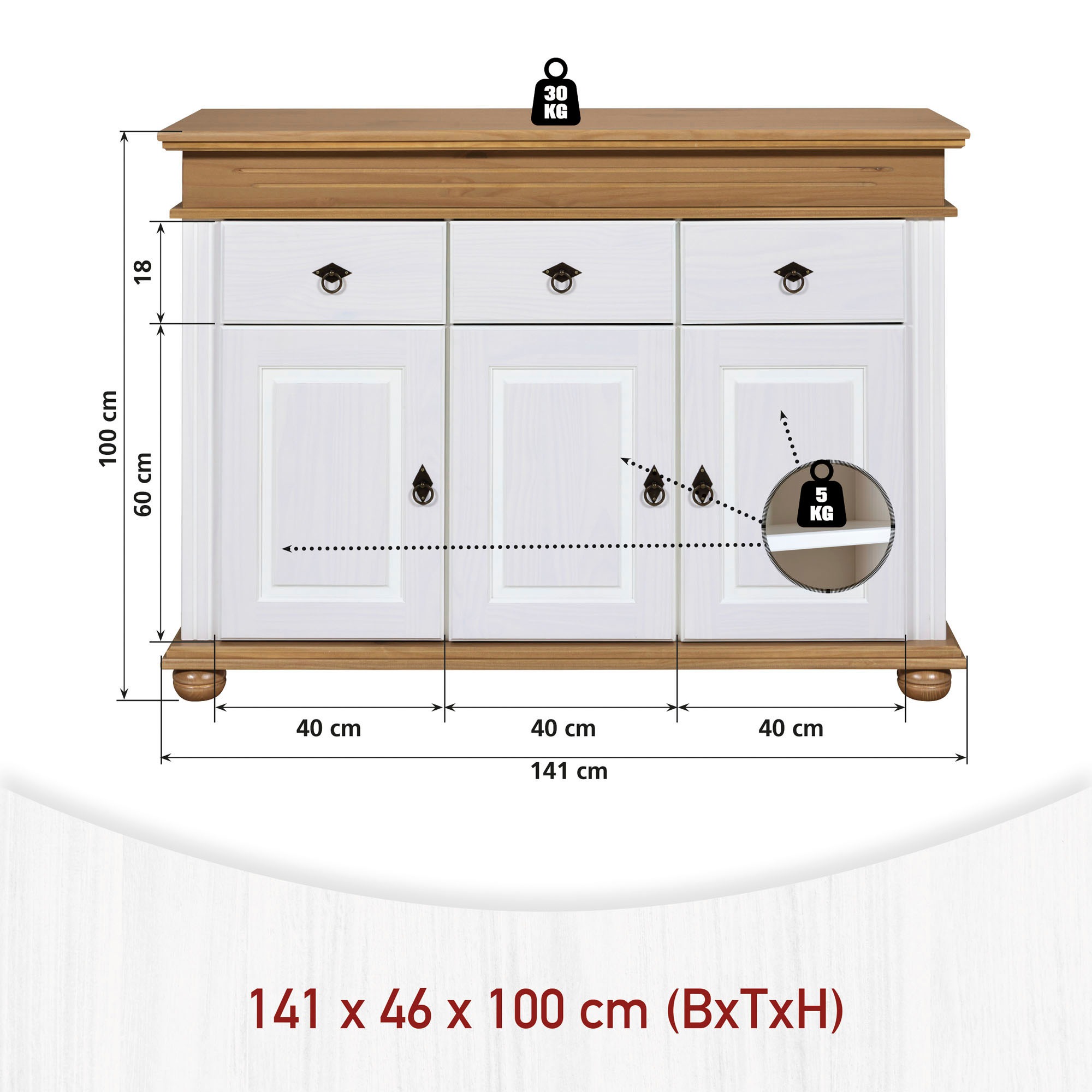 Inter Link Anrichte »Halmaro, Kiefer Massivholz, Soft-close, 141 x 46 x 100 cm, Stauraum« 1 Stk. tlg. Sideboard in Weiss, Braun/Oak, Landhausstil, 3 Türen, 3 Schubladen