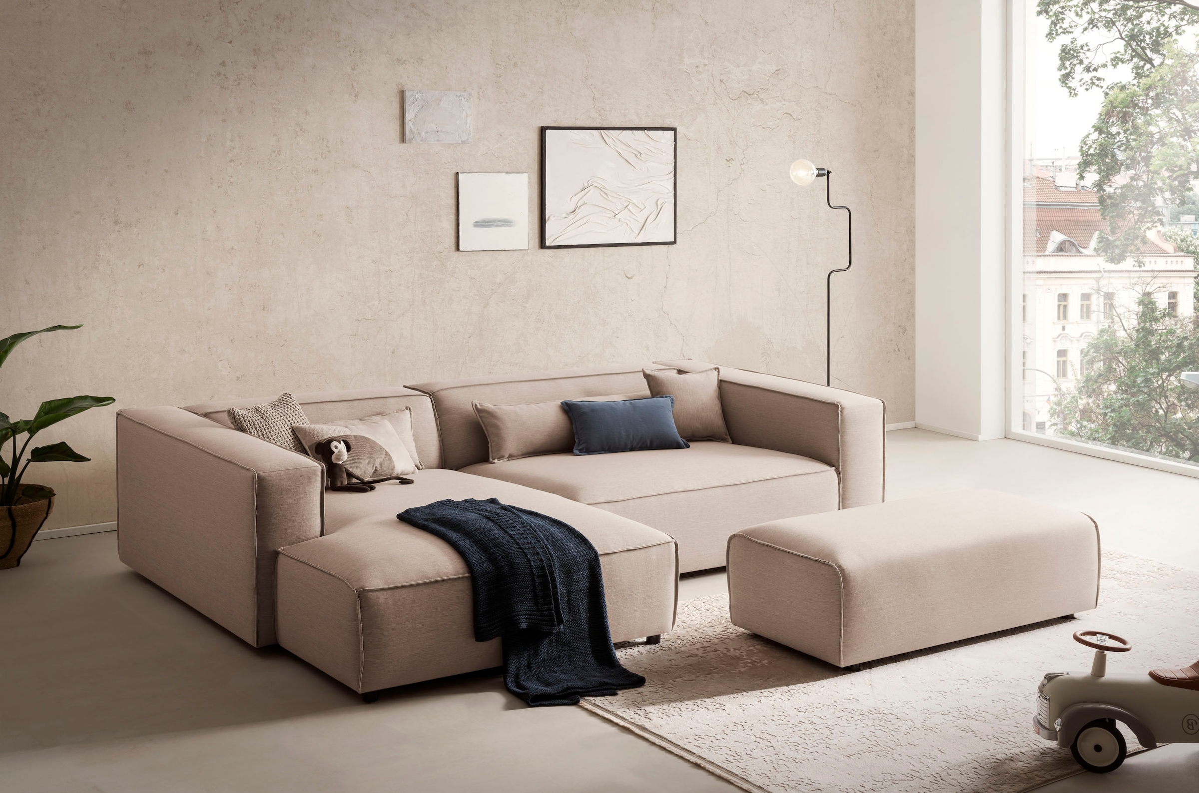 LeGer Home by Lena Gercke Ecksofa "PIARA XXL Struktur u. Leinenoptik, L-Form, Schlaffunktion" Hocker stellbar zum Schlafsofa (Krokodilverbinder), tiefe Sitzfläche