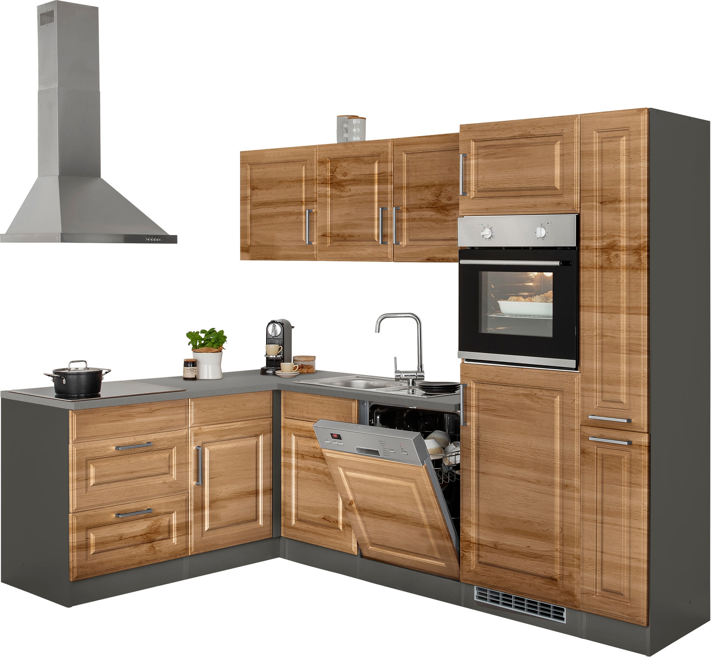 HELD MÖBEL Winkelküche »Stockholm«, Stellbreite 260/170 cm, mit E-Geräten, MDF Frontenl