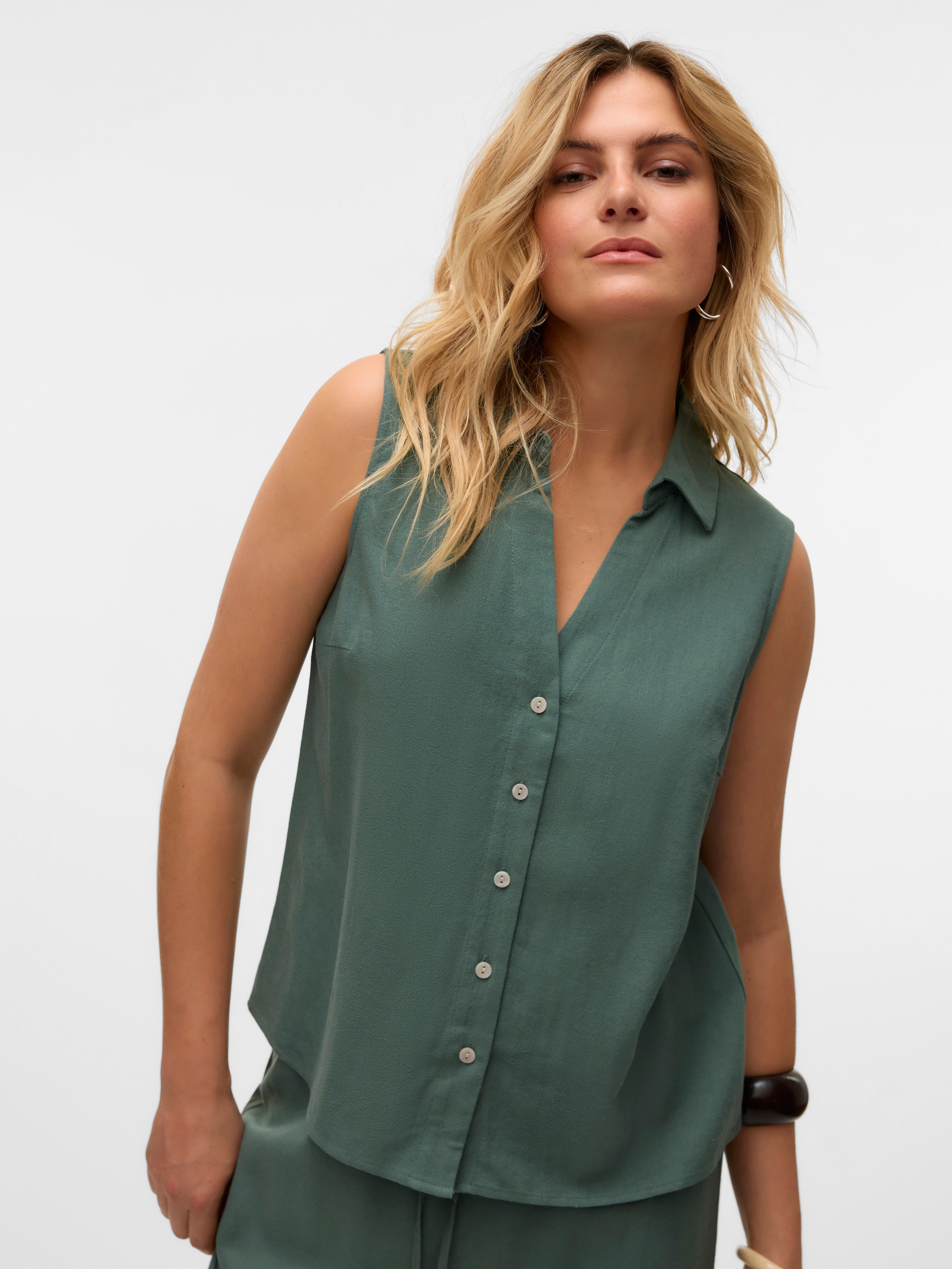 Vero Moda Blusentop "VMMYMILO SL V-NECK SHIRT WVN GA" mit Leinen günstig online kaufen