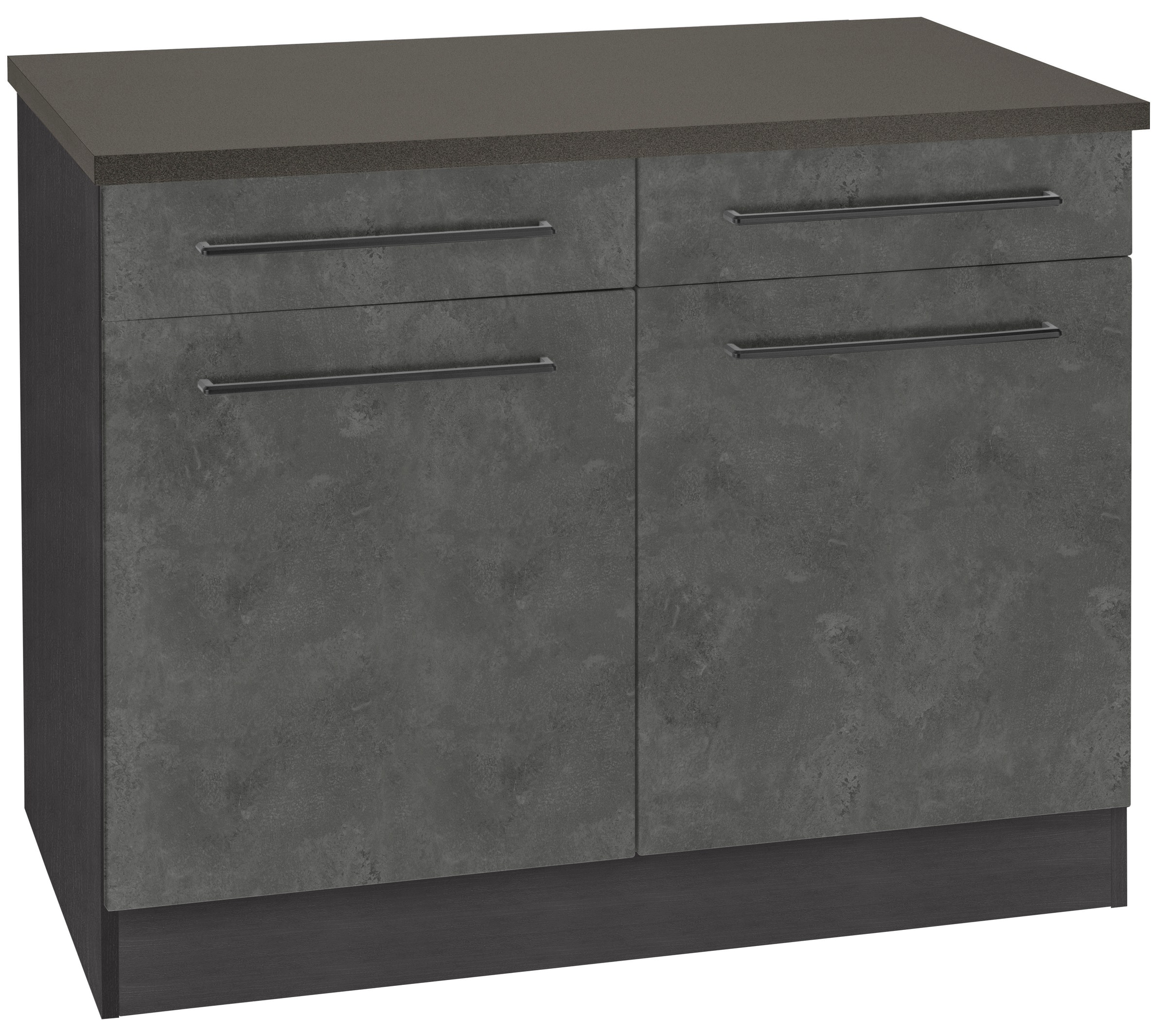 KOCHSTATION Unterschrank "KS-Tulsa", 100 cm breit, 2 Schubkästen, 2 Türen, schwarzer Metallgriff, MDF Front