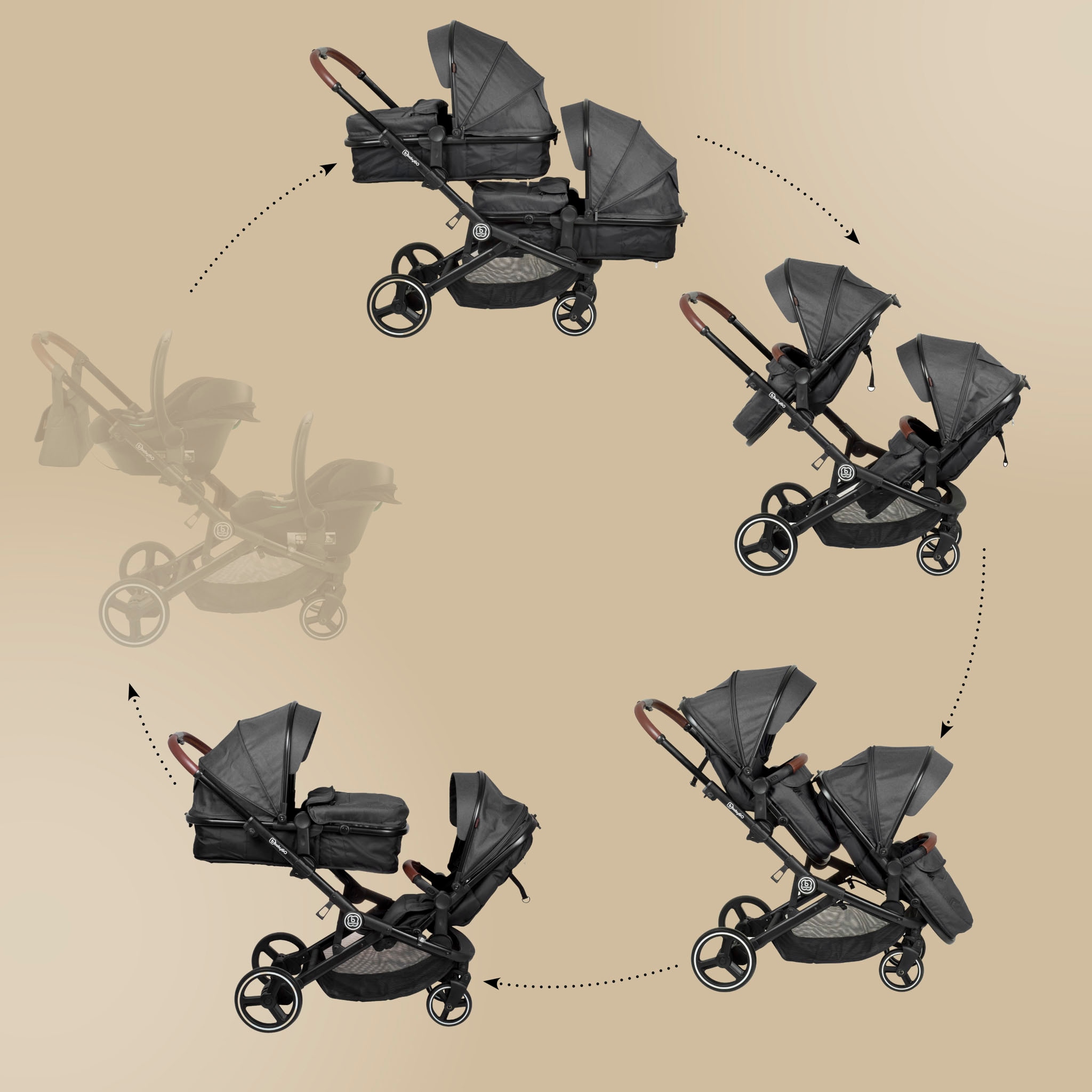 BabyGo Zwillings-Kombikinderwagen »Twinner Set, Grey melange«, 30 kg, inkl. 2 Regenhauben, Wickeltasche