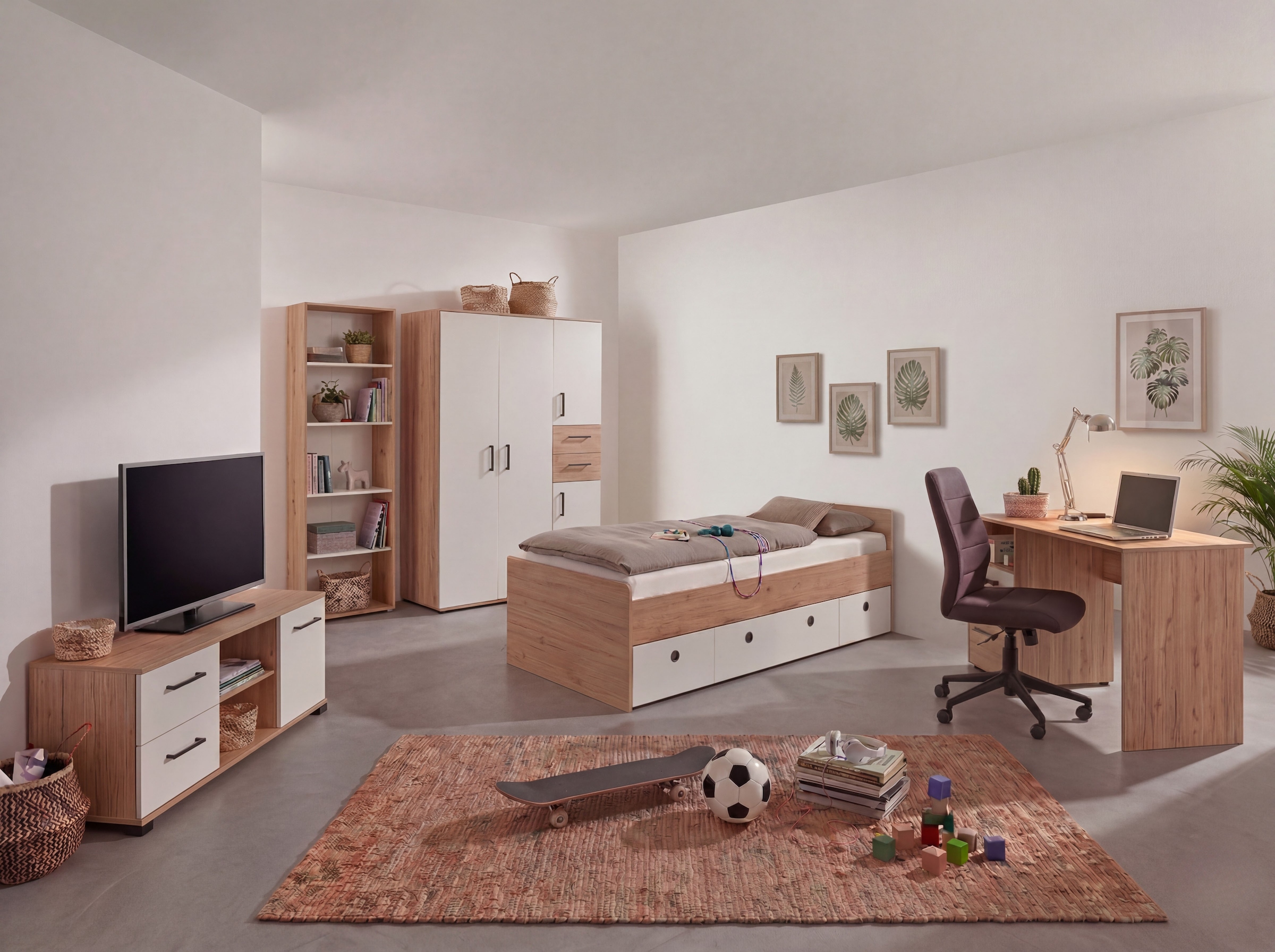arthur berndt Jugendzimmer-Set »Jugendzimmer-Set »Bente« 5-teilig« 5tlg -Schrank, Bett, Schreibtisch, Sideboard, Standregal, 5 tlg. Stauraumstark, pflegeleicht, zeitlos, Made in Germany