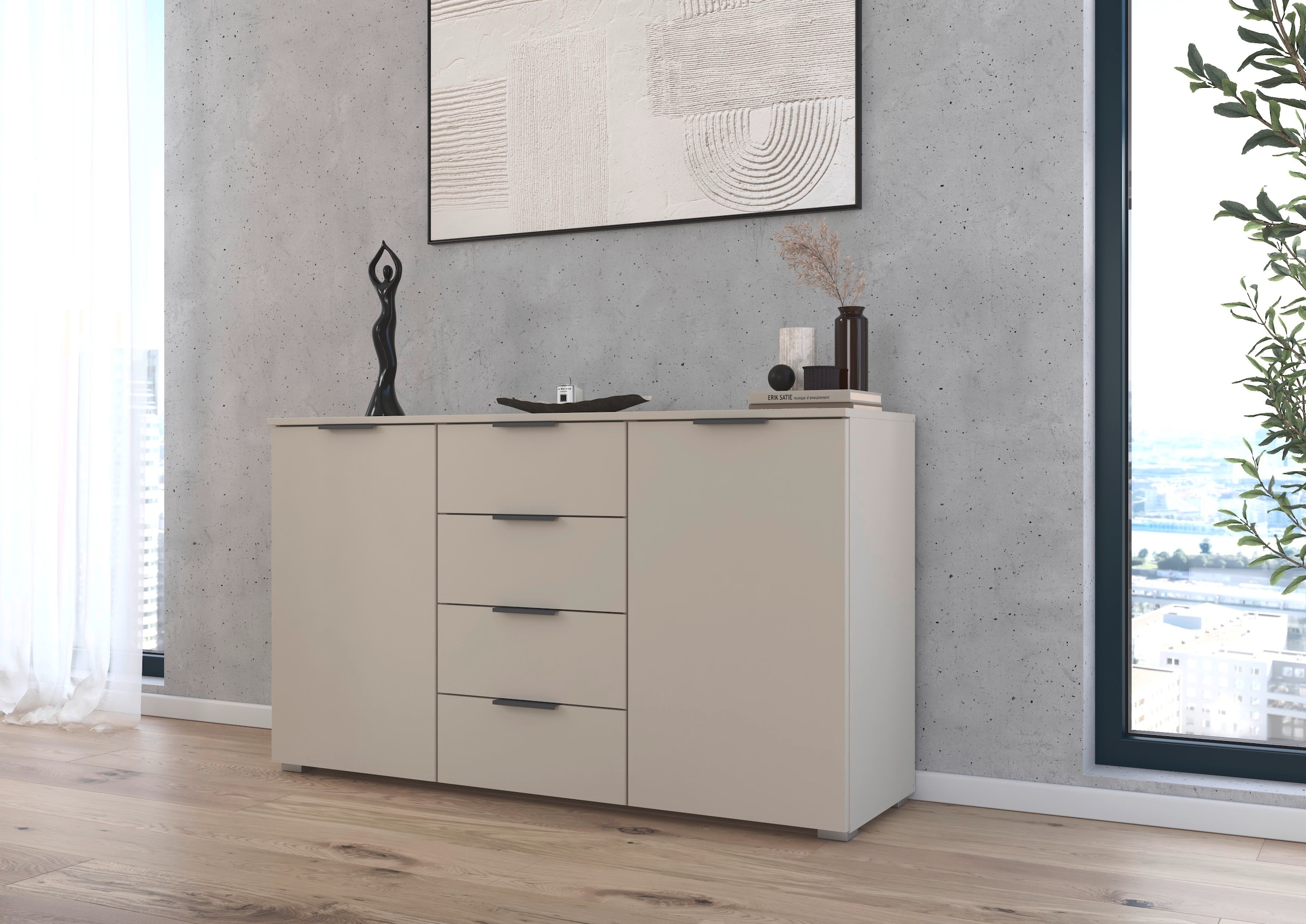 rauch Kombikommode »Sideboard Schubladenkommode AGORDO mit Dekor- oder Hochglanzfront«, (in zwei Griff-Farben), mit 4 Schubkästen und 2 Türen sowie Metallgriffen MADE IN GERMANY