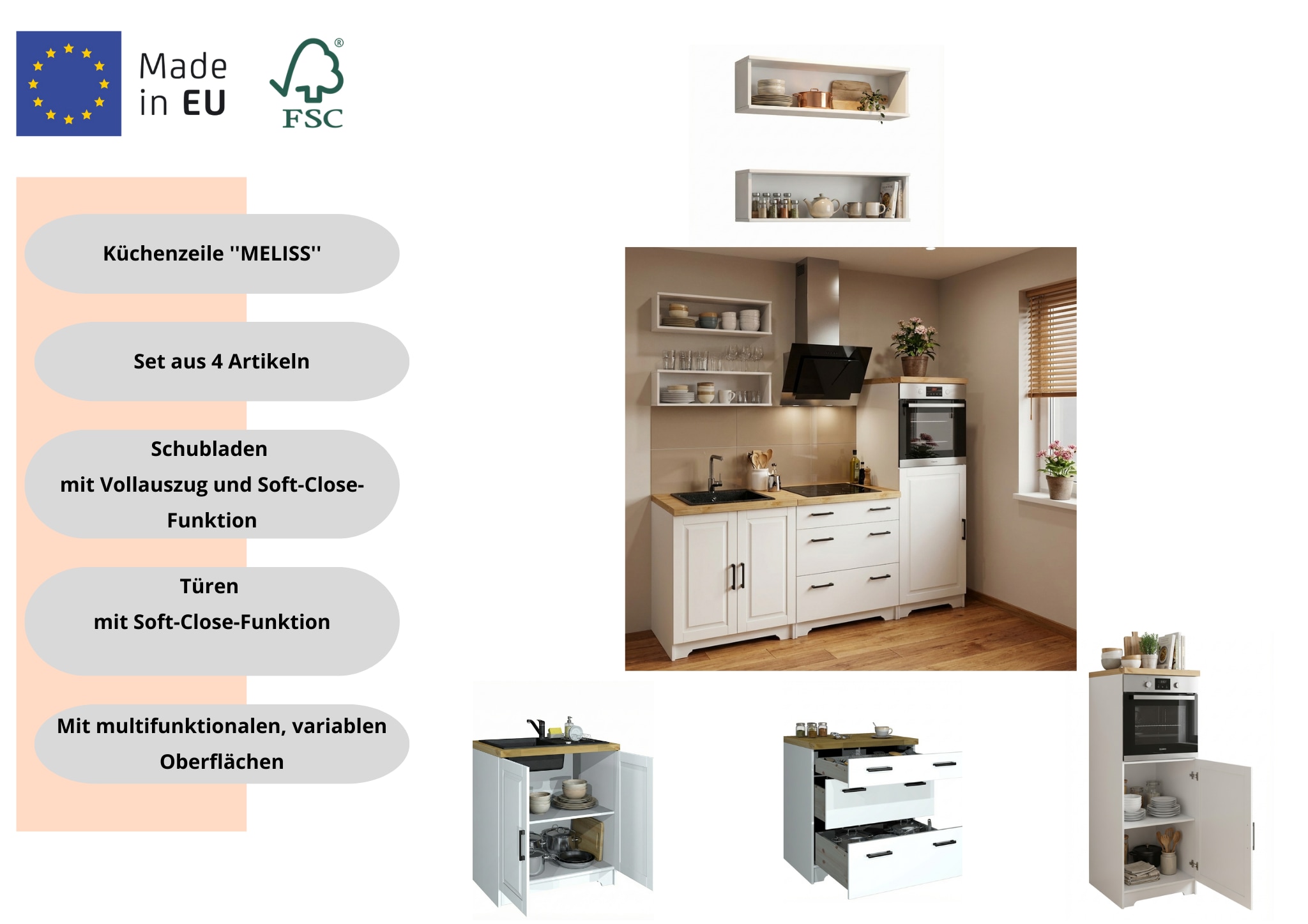 Home affaire Küchenzeile »Meliss« aus massiver Kiefer, mit Soft-Close-Funktion, 5-teiliges Set