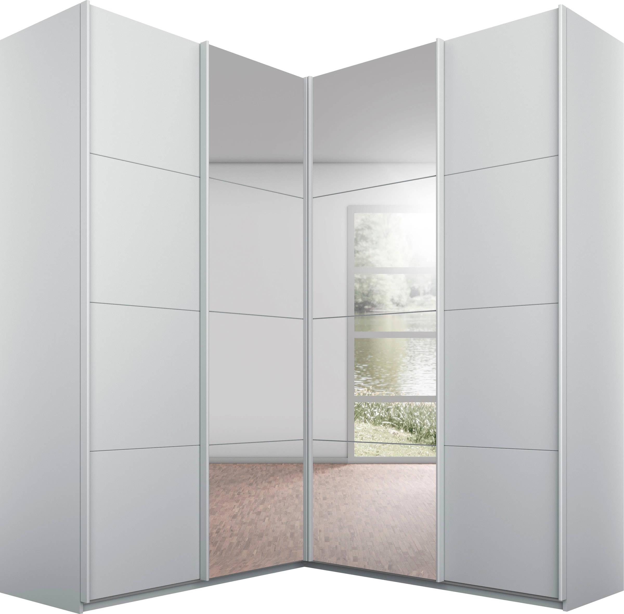 rauch Schwebetürenschrank "Schrank Garderobe Eckkleiderschrank QUADRA Front in Dekor/Hochglanz" Maß 181x187 cm, Höhen 210/229 cm, inkl. Soft-Close-Funktion, extra großer Eckschrank inkl. Schubladeneinsatz MADE IN GERMANY