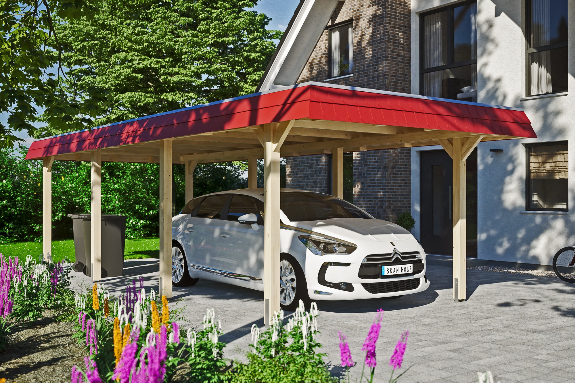 Skanholz Einzelcarport »Wendland«, 291 cm, Natur, mit EPDM-Dach, rote Blende