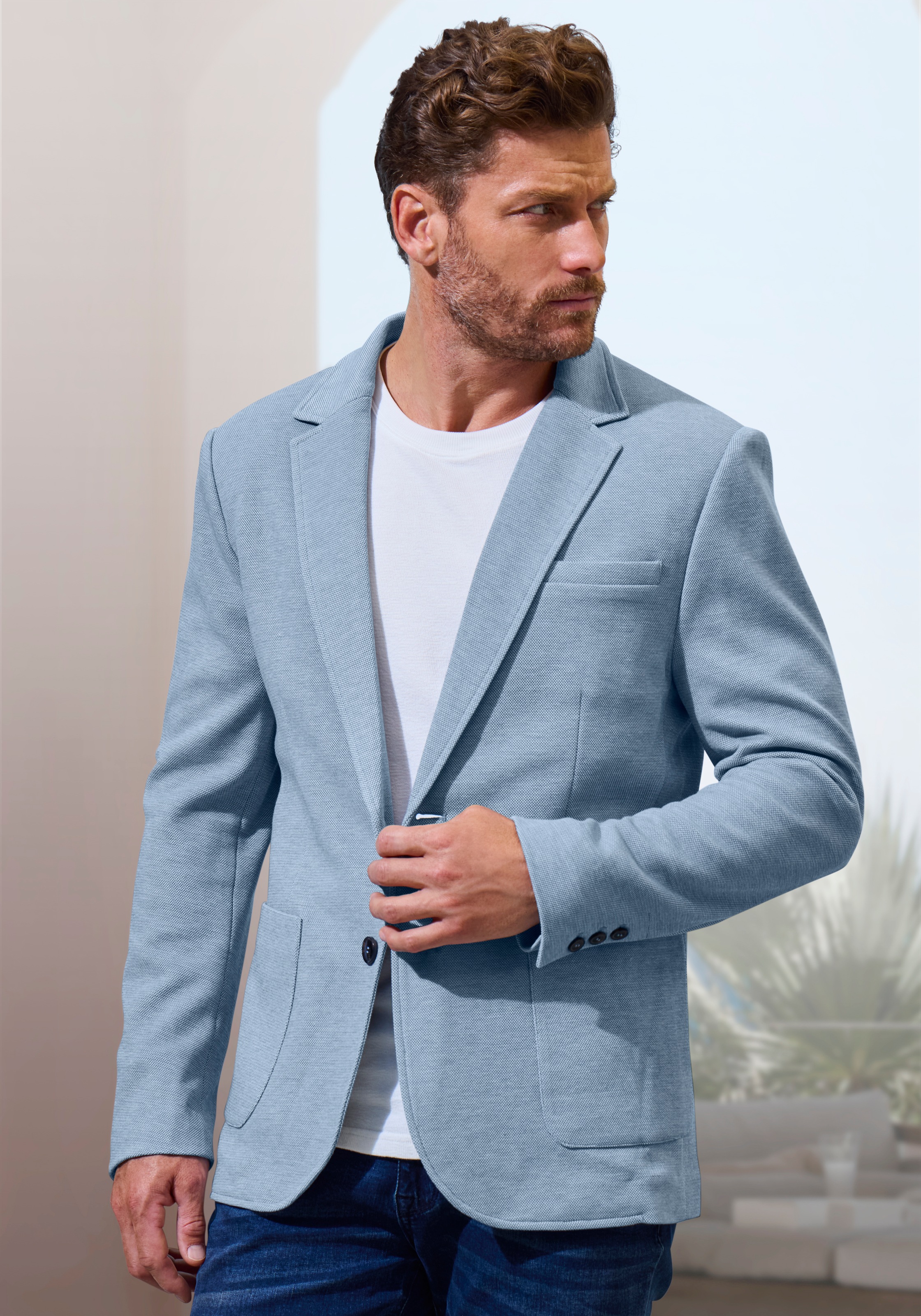 Sakko JOHN DEVIN "aus elastischer Pikee-Qualität", Herren, Gr. 3XL (64/66), hellblau, Piqué, Obermaterial: 65% Baumwolle, 35% Polyester. Futter: 100% Polyester, unifarben, regular fit normal, Ärmel mit Ärmelschlitz mit Knöpfen, Sakkos Sakko, lässiges Stre