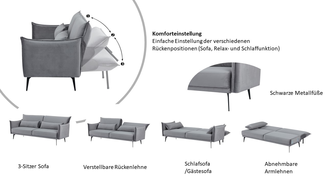 INOSIGN Schlafsofa »TULARE, 204 cm, klappbarer 3-Sitzer mit verstellbarer Rückenlehne,«, Schlaffunktion, Velvet-Samtvelours u. Webstoff