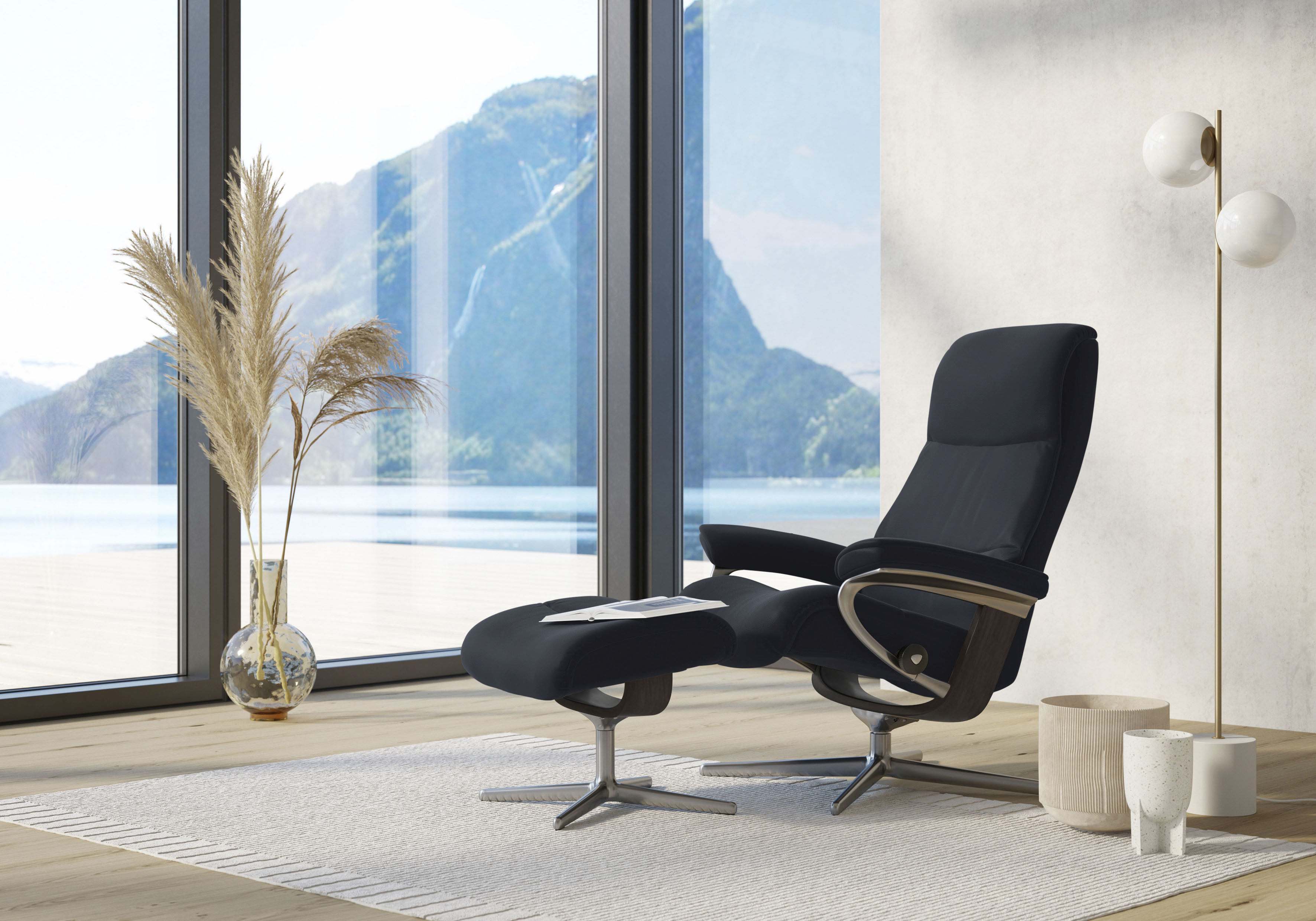 Stressless Relaxsessel "View" Set, Relaxsessel mit Hocker, mit Hocker, mit Cross Base, Größe S, M & L, Holzakzent Wenge