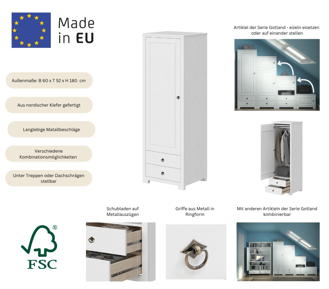 Thumbnail - OTTO home Kleiderschrank "Gotland, Schrankmodulsystem, einzeln oder mit der Serie kombinierbar" massive Kiefer, variabel...