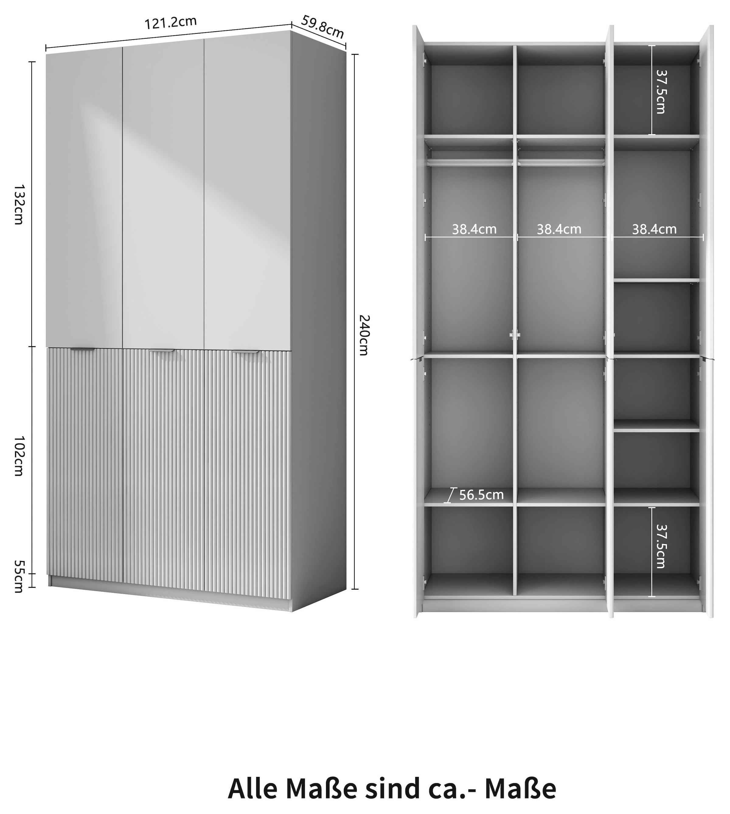 OTTO home Kleiderschrank »Jorella Schlafzimmerschrank Garderobe mit Softclose« eleganter Schlafzimmerschrank Rillendesign Trend Breite 121cm