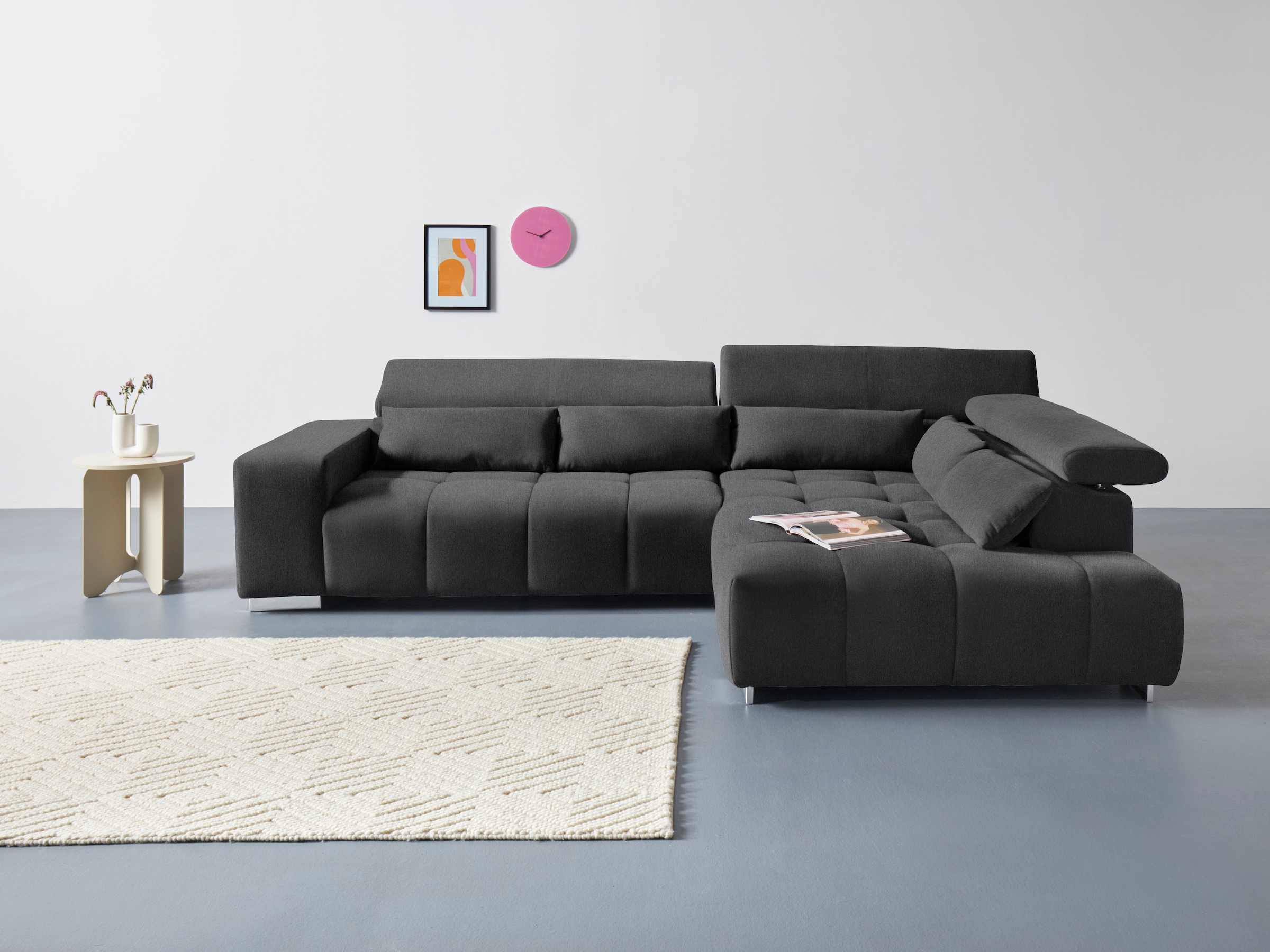 COTTA Ecksofa "Orion L-Form, B: 310 cm, moderne Steppung, bequeme Wellenunterfederung" Kopfteilverstellung & 5 Nierenkissen