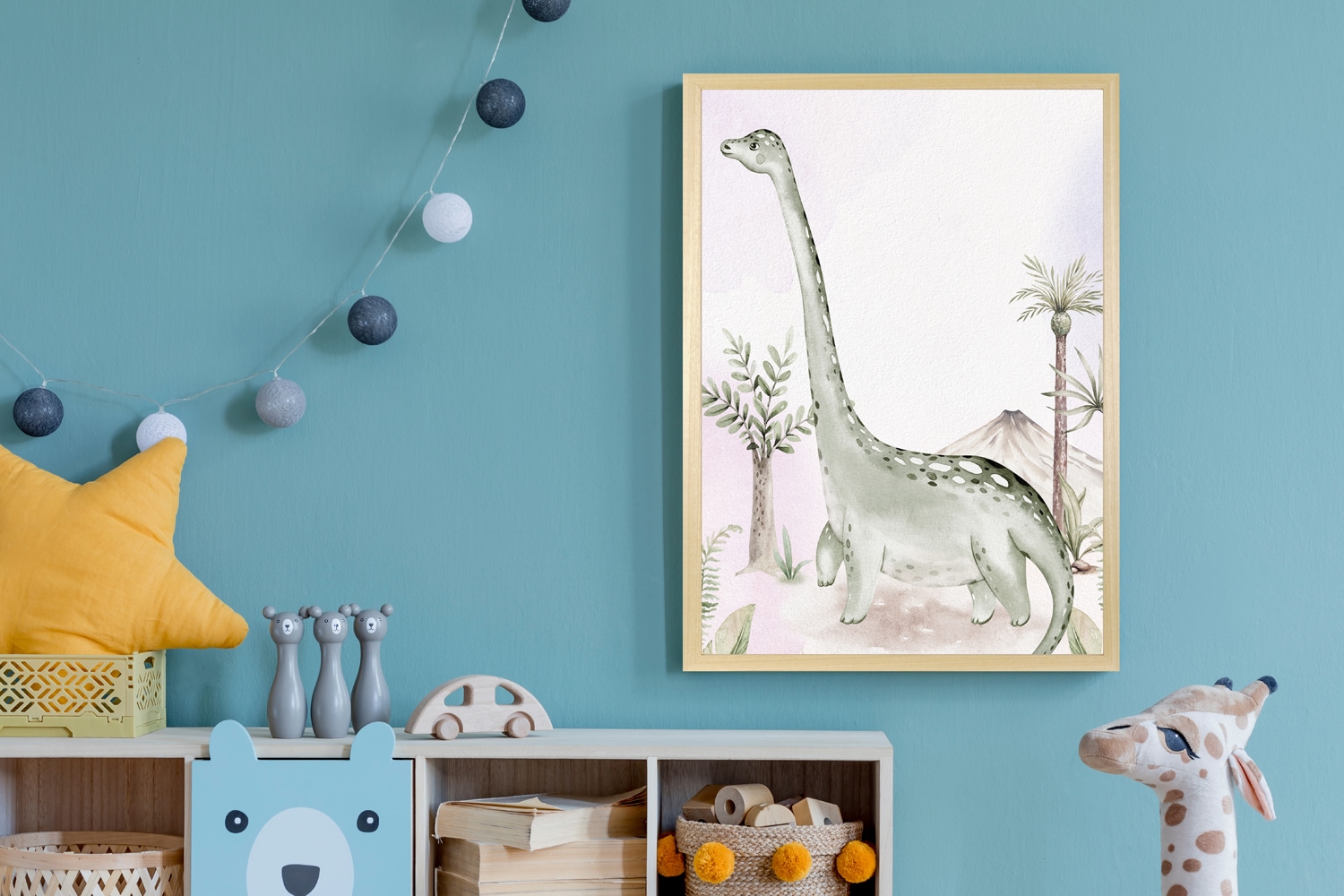 queence Bild mit Rahmen "Dino und Vulkan" Baum Baumbilder Bäume Dinosaurier Landschaft Tiere 1 Stk. tlg. HD Premium Posterdruck mit Echtholzrahmen