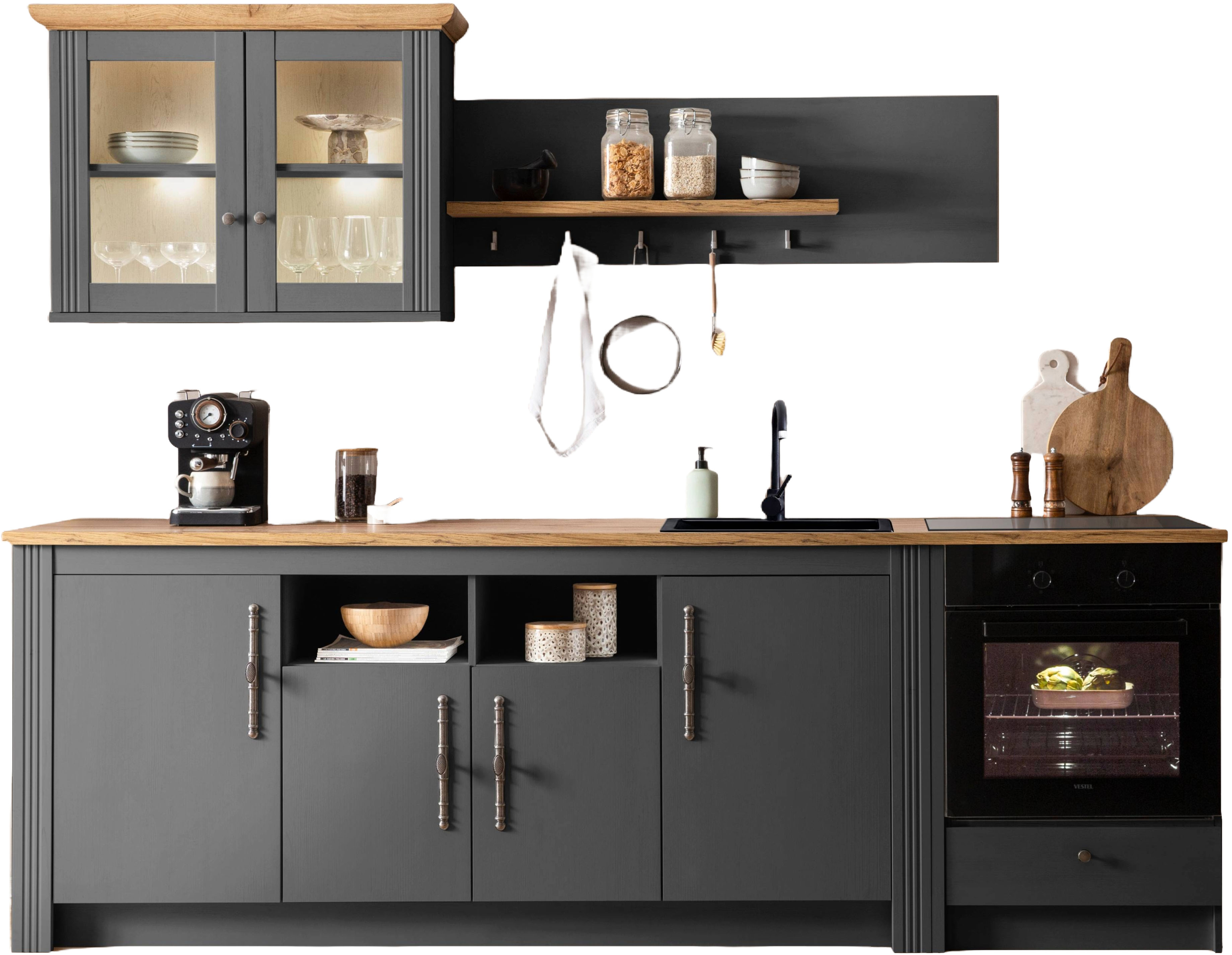 OTTO home "KS-Westminster, Pantryküche im Landhaus Stil, hochwertige Metallgriffe" Set, Breite 268 cm, Sideboard, Wandpaneel, Hängeschrank und Herdumbau