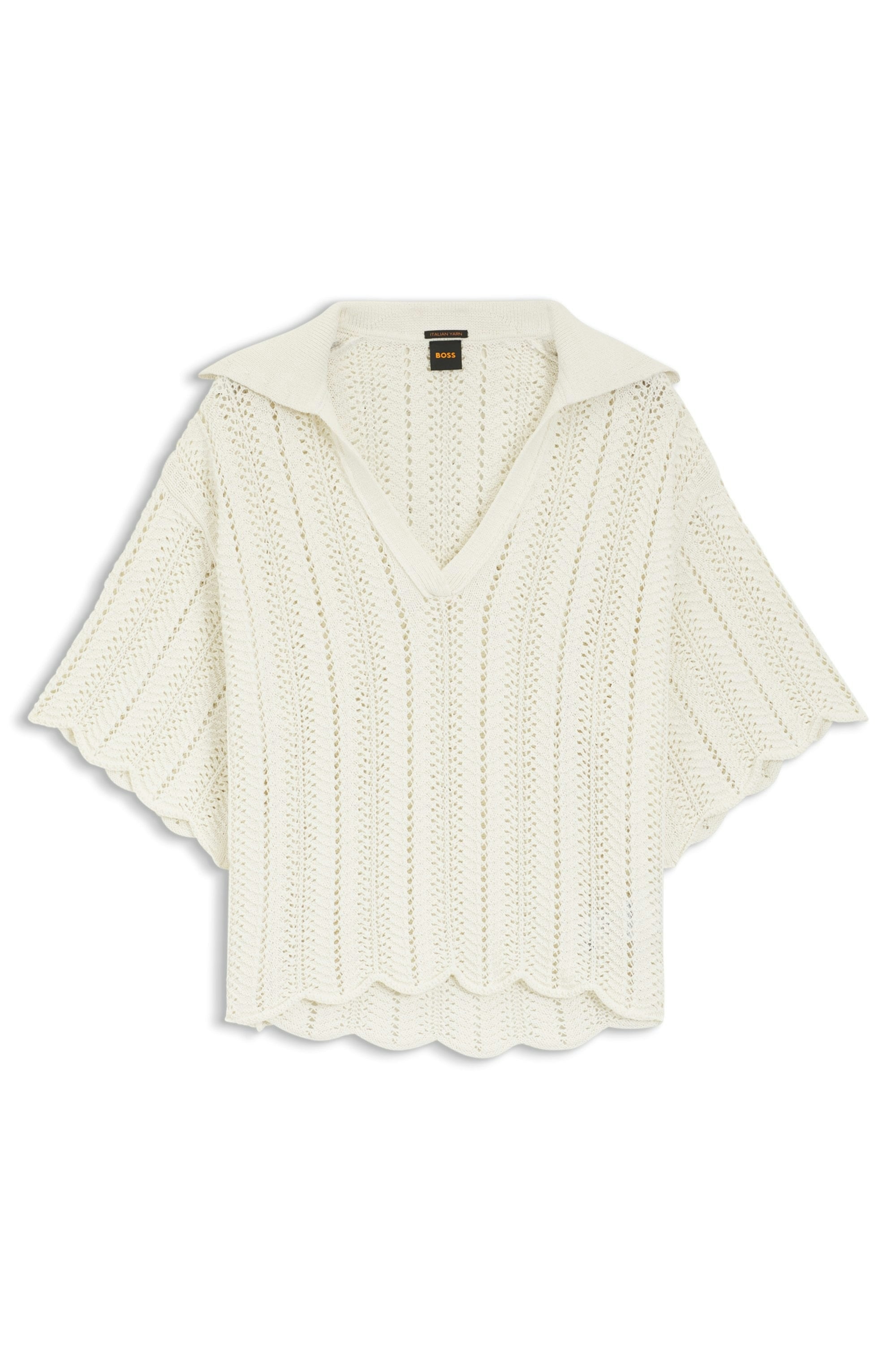 BOSS ORANGE Ajourpullover »Fordeaux Premium Damenmode« aus Baumwoll-Mix, Johnny-Kragen, Relaxed Fit