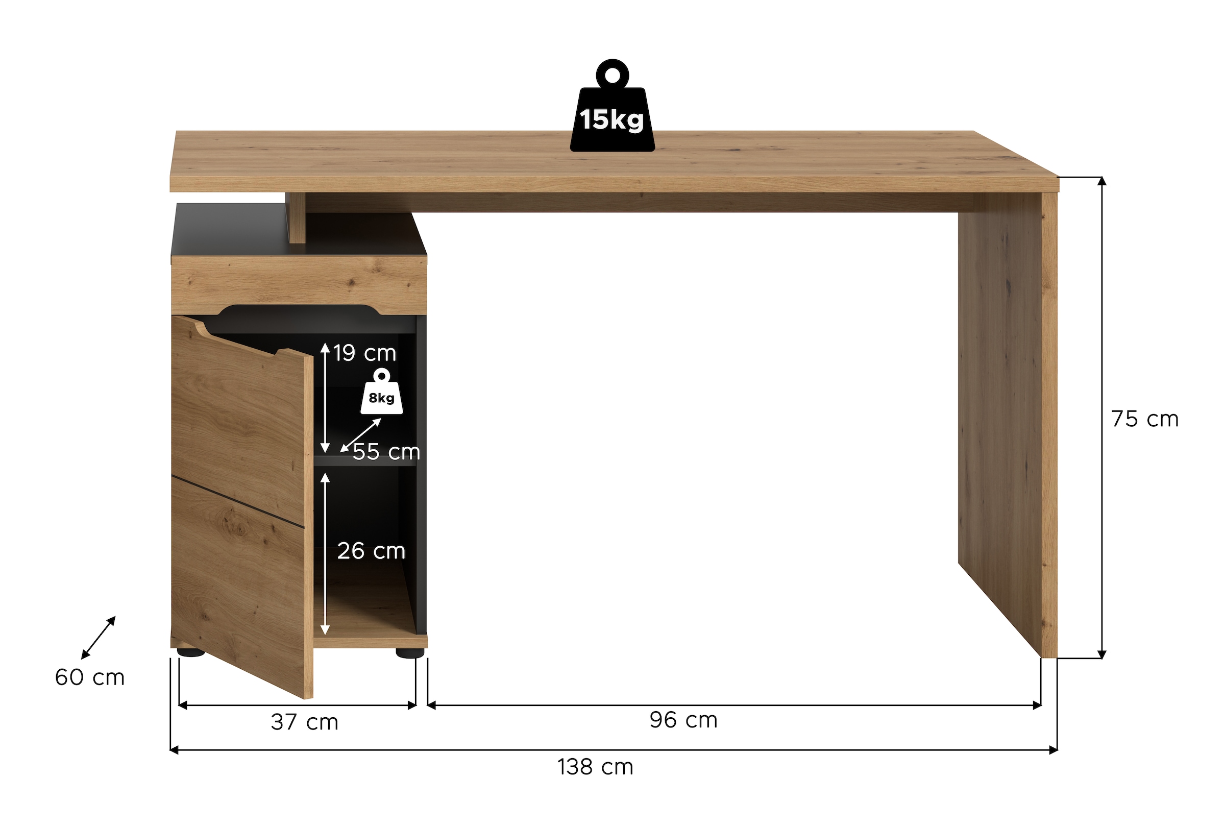 Home affaire Schreibtisch »REHAT, Bürotisch, Computertisch, Laptoptisch« bietet viel Stauraum für sämtliches Büromaterial,  grifflose Fronten, 1 Tür mit verstellbarem Einlegeboden, Breite: 138cm