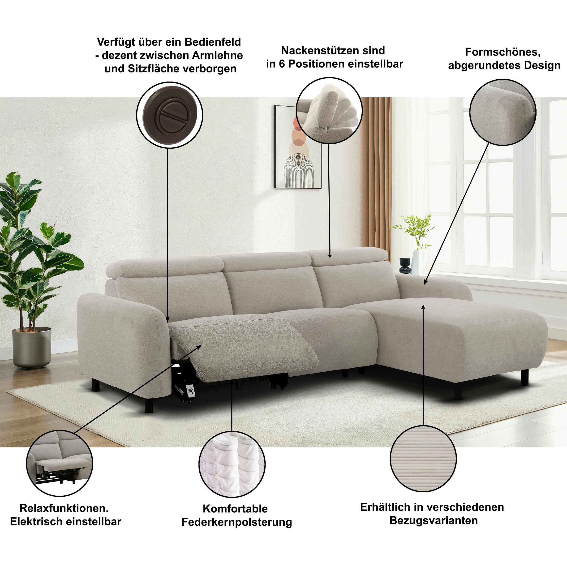 Thumbnail - Home affaire Ecksofa "SKAANE Struktur, L-Form, 274 cm, manuelle/elektrische Relaxfunktion," rundes Design, Kopfteilverst...
