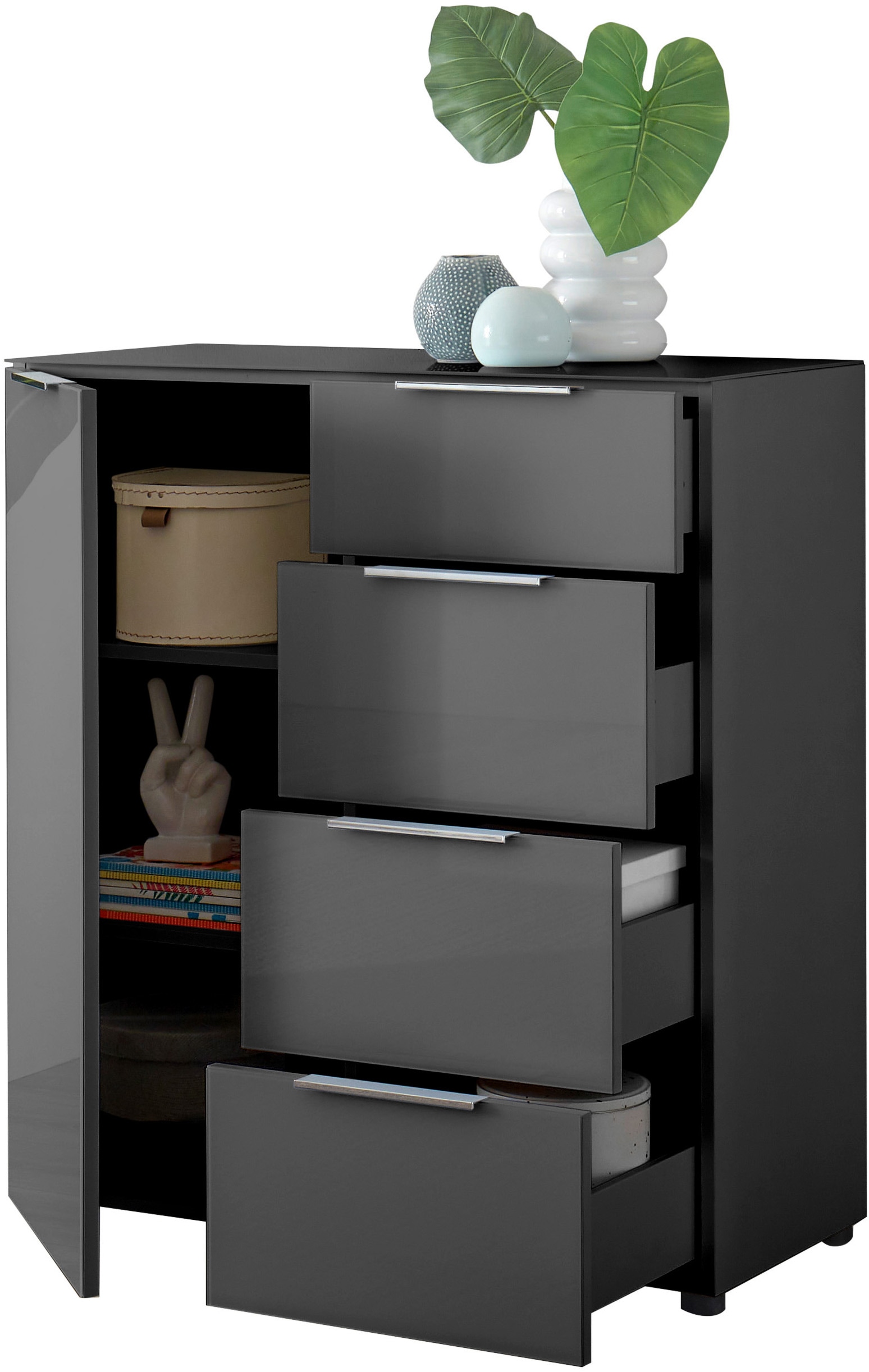 HBZ Sideboard »Santorin Mehrzweckschrank-Universalschrank, BxHxT 90x99x40 cm«, (1 St.), Mit 1 Tür und 4 Schubkästen mit Softclose, Glasfront und Glasoberboden