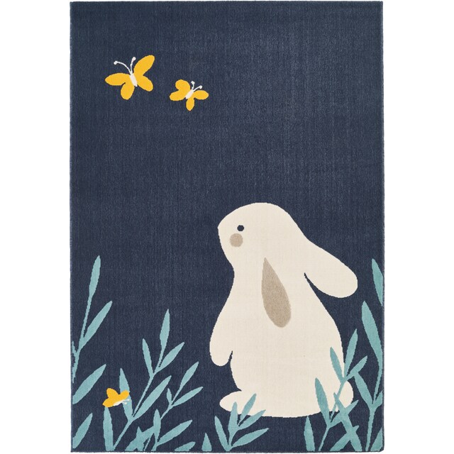 Kinderteppich Kurzflor Hase Bunny Design Kinderzimmer Teppich Blau 