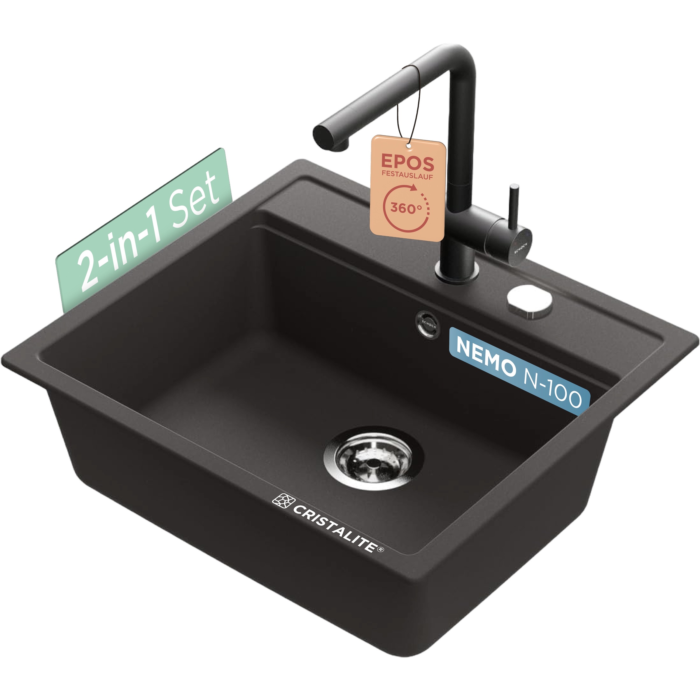 SCHOCK Granitspüle "Nemo N-100 und Armatur Epos", mittig, schwarz, Küchenspülen, bestehend aus Spüle und Armatur