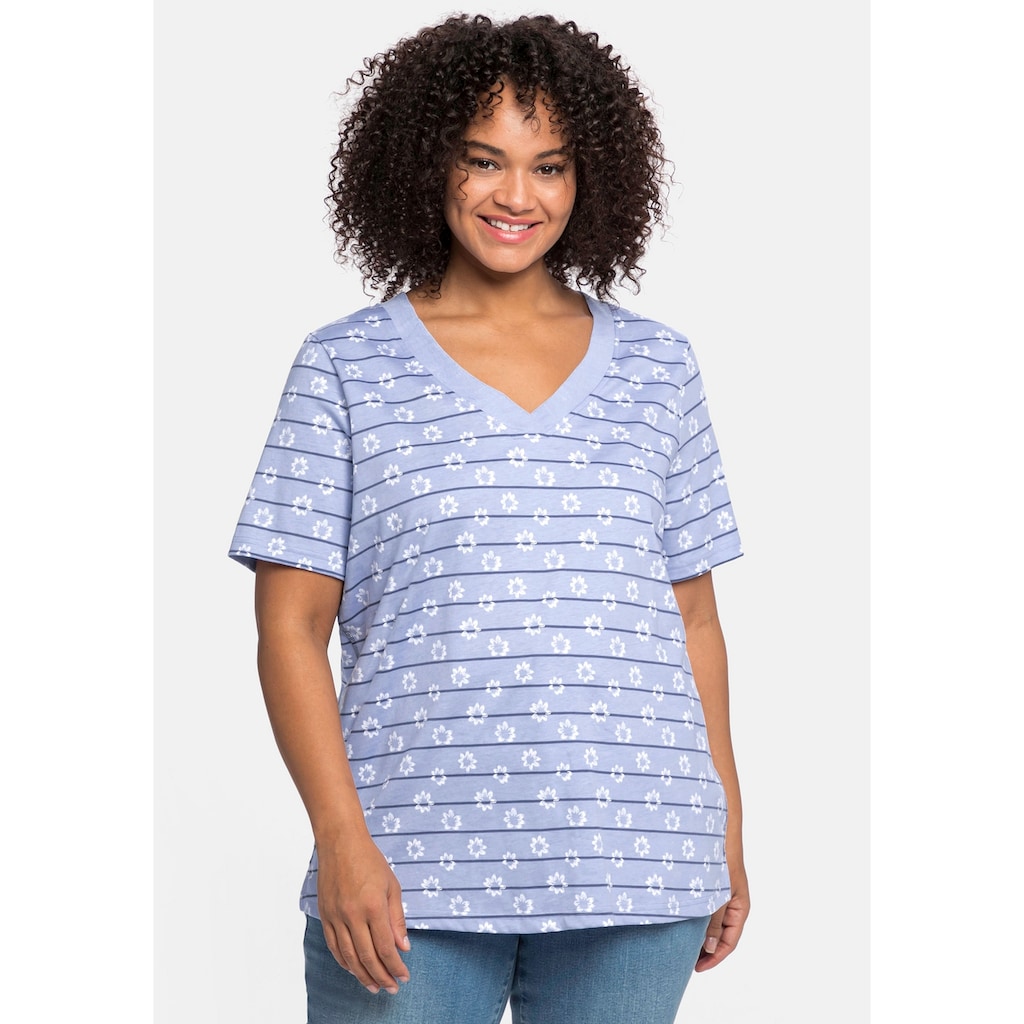Sheego T-Shirt »Große Größen« mit Streifen Blumendruck und V-Ausschnitt