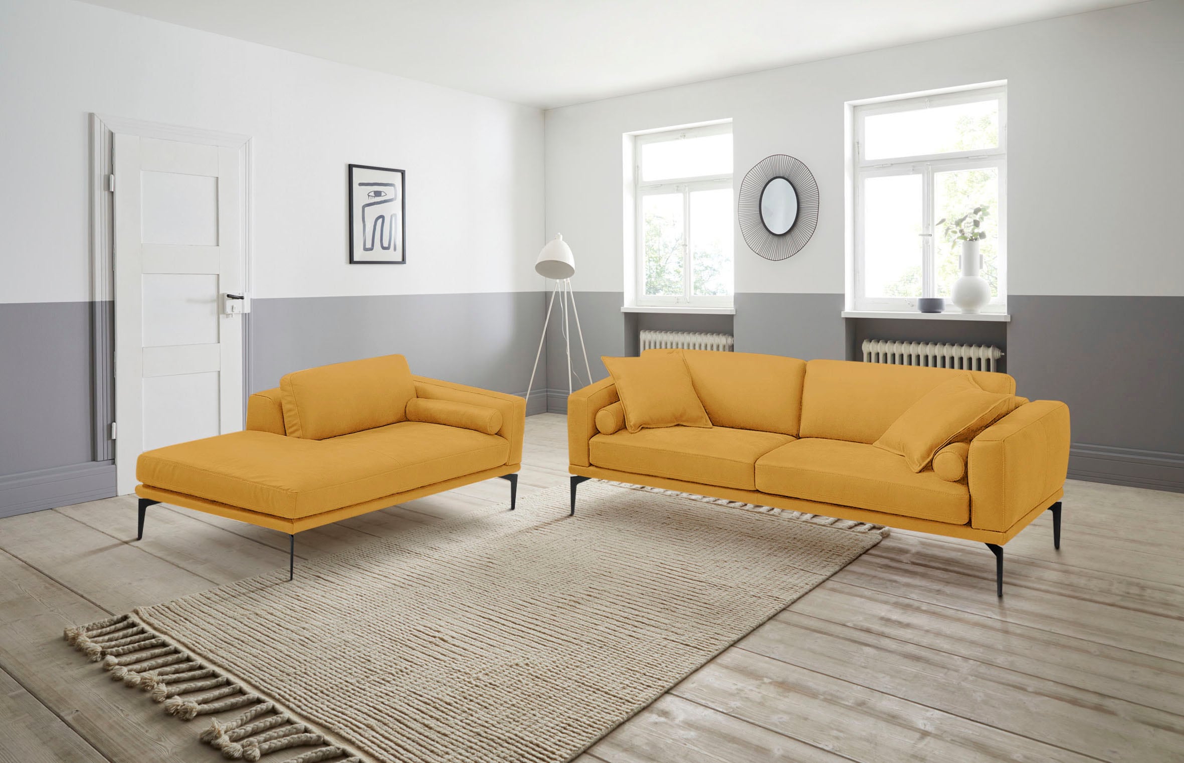 Egoitaliano Polstergarnitur "Masu, Design trifft sensationellen Sitzkomfort" Set besteht aus 2,5-Sitzer, freistehende Ottomane und 3 Rollkissen