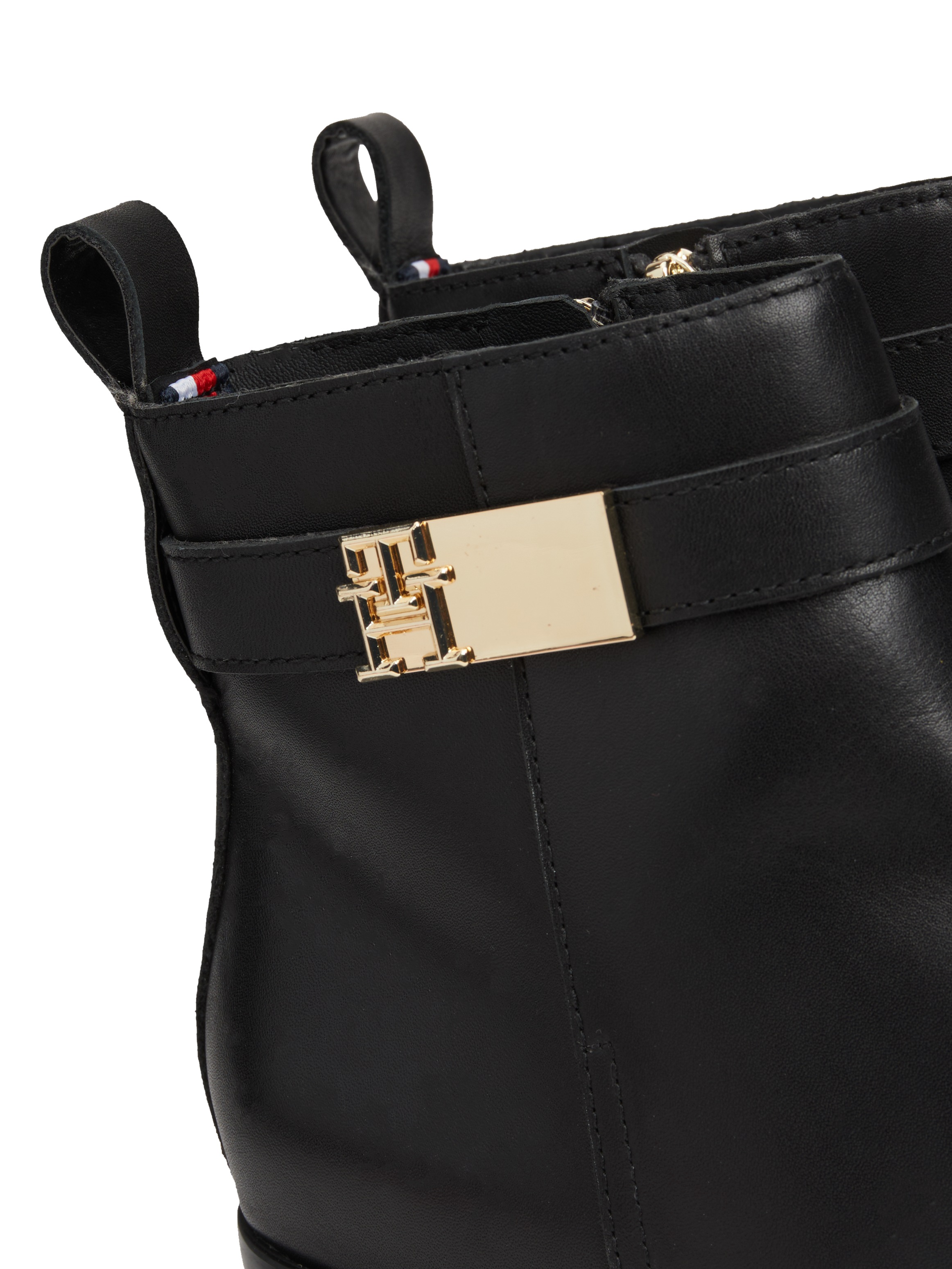 Tommy Hilfiger Stiefelette »TH LOGO MID HEEL BOOTIE«, Blockabsatz, Ankleboots, Businesschuh, Zierriemchen, Schmuckelement