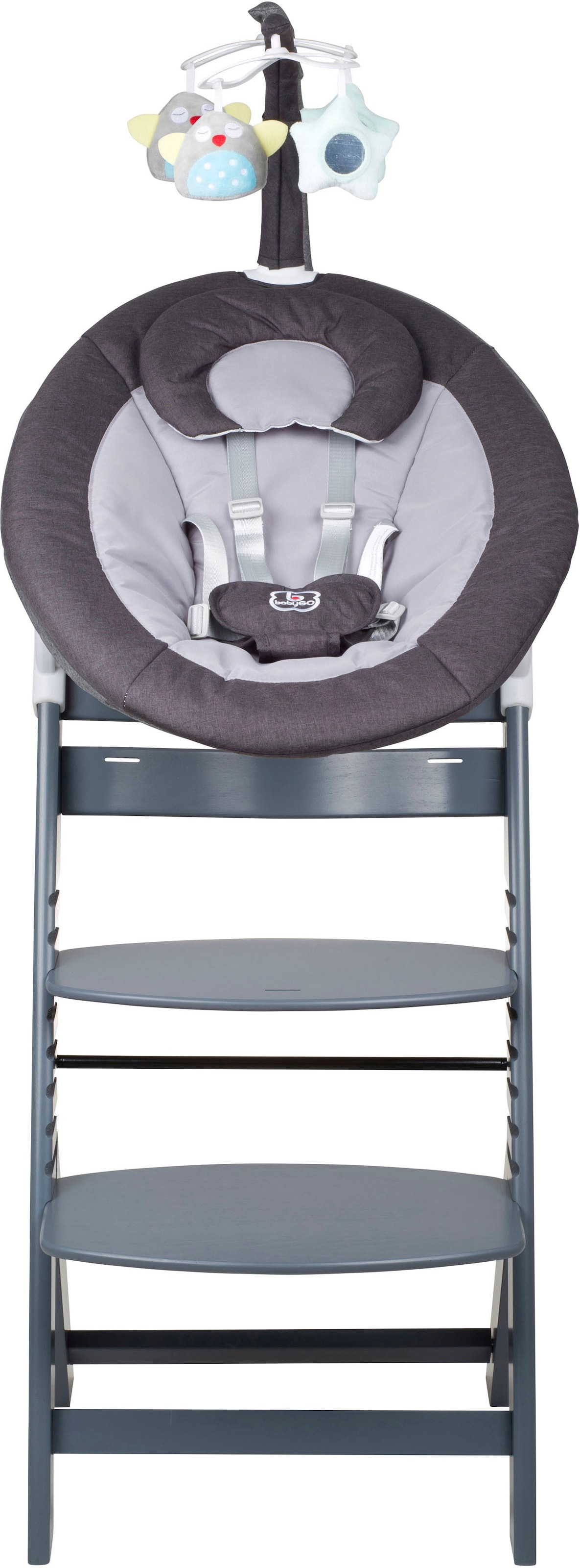 BabyGo Hochstuhl »Family Homey Set, grau/dunkelgrau«, mit elektrischer Babywippe inkl. Spielbogen