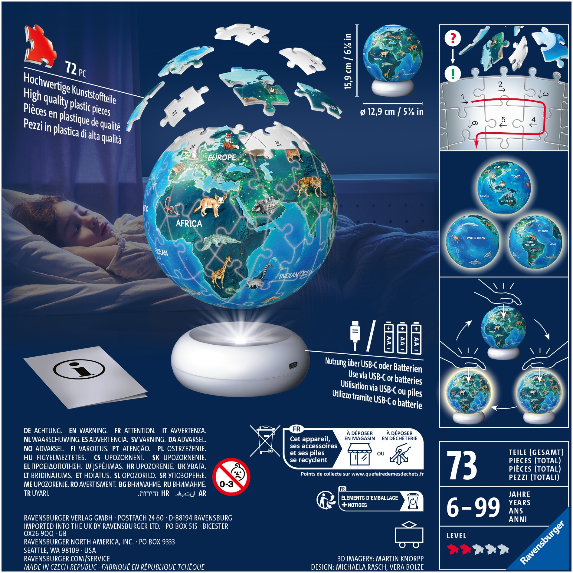 Ravensburger Puzzleball »Nachtlicht Erde mit Tiermotiven« beleuchtet