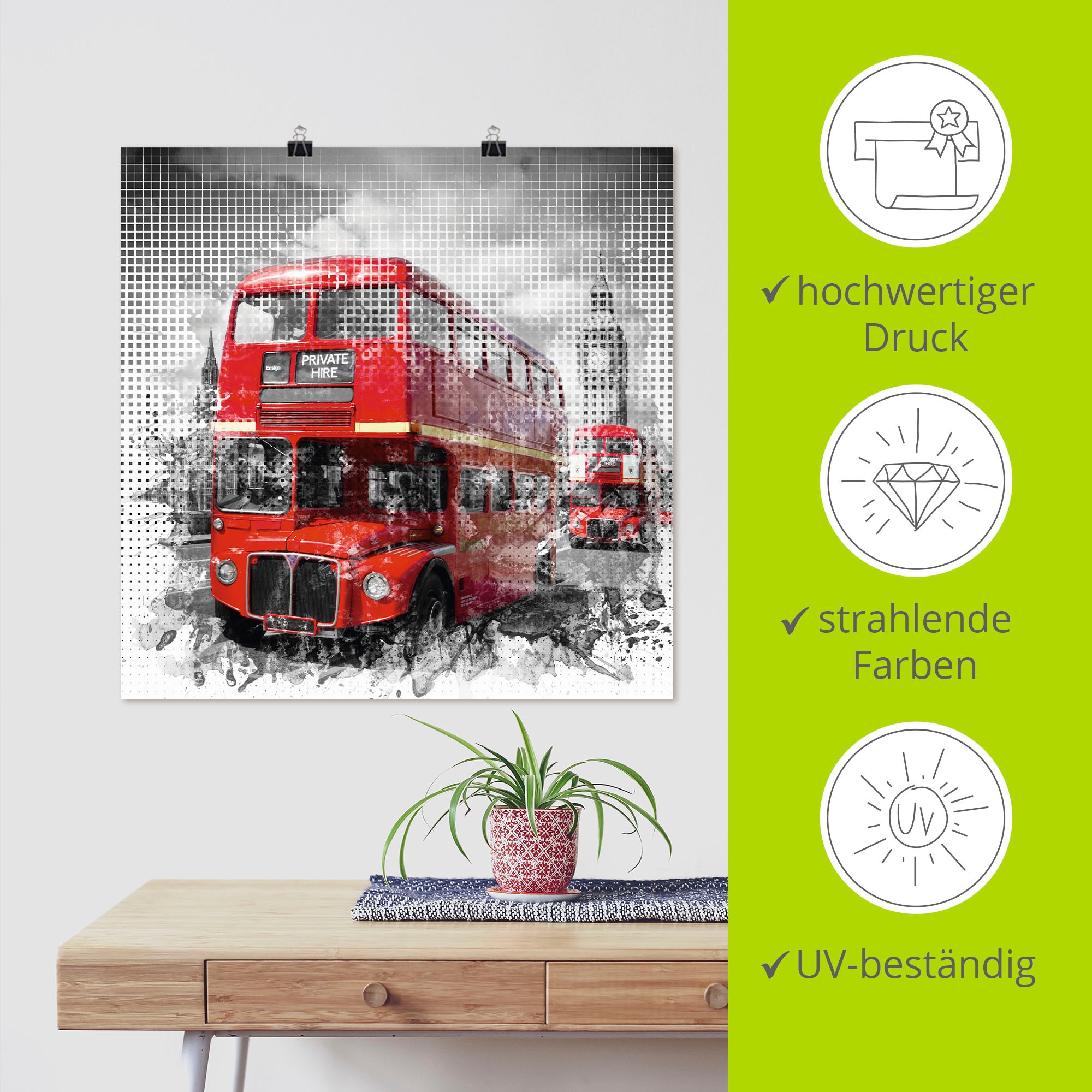 Artland Wandbild »London Westminster Rote Busse«, Auto, (1 St.), als Poster in verschied. Größen