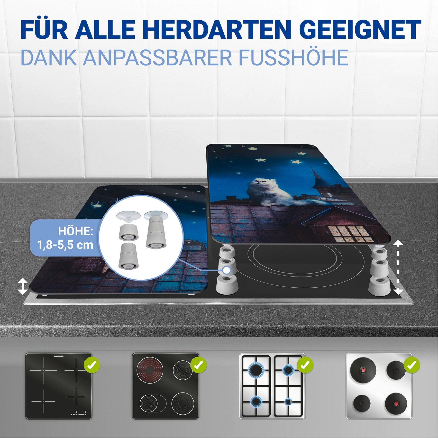 WENKO Herd-Abdeckplatte »Universal Modell Moon Cat«, (Set, 2 tlg.), Herdabdeckung für alle Herdarten, kratzfest, mit rutschfesten Füßen
