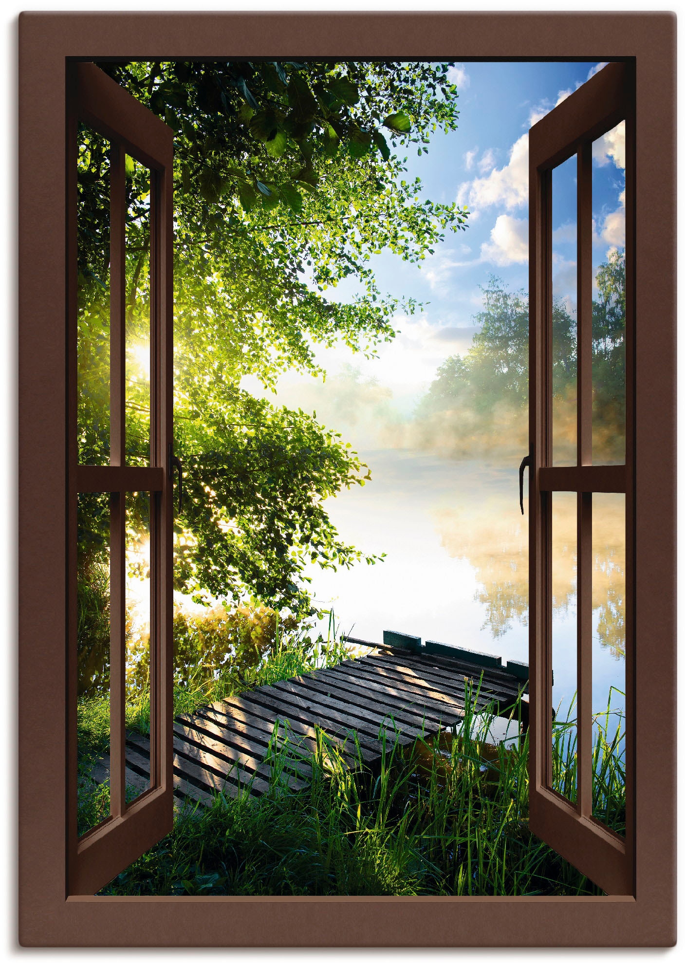 Artland Wandbild »Fensterblick Angelsteg am Fluss«, Fensterblick, (1 St.), als Alubild, Outdoorbild, Leinwandbild, Poster, Wandaufkleber