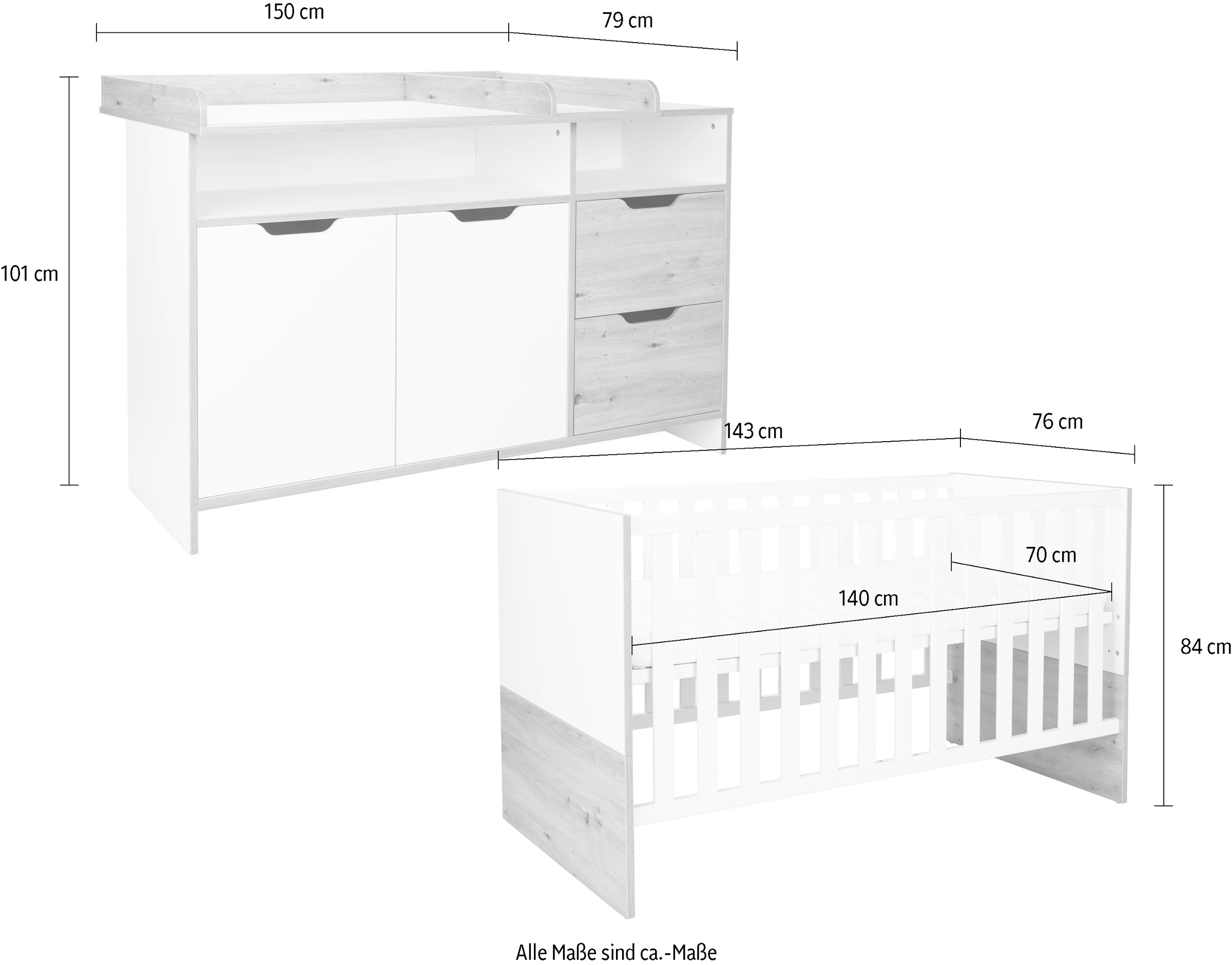arthur berndt Babymöbel-Set »Babyzimmer Set »Maxim« 2-teilig«, (Spar-Set, 2 tlg., Babymöbel-Set »Maxim« bestehend aus Kinderbett und Wickelkommode), Gedämpfte Türen und Schubkästen