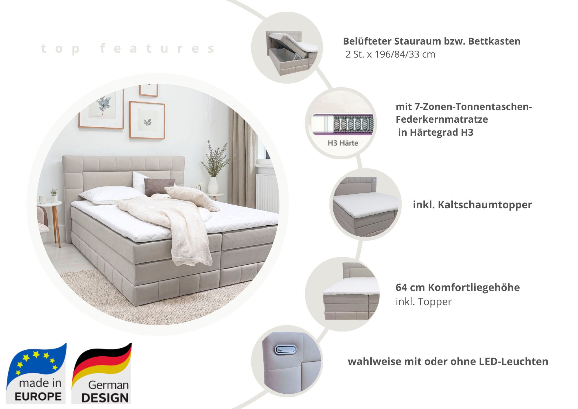 OTTO home Boxbett »PHILLIPA inkl. Bettkasten, wahlweise mit LED-Leuchten, Breite: 180cm« inkl. Kaltschaum-Topper, in verschiedenen Farben erhältlich