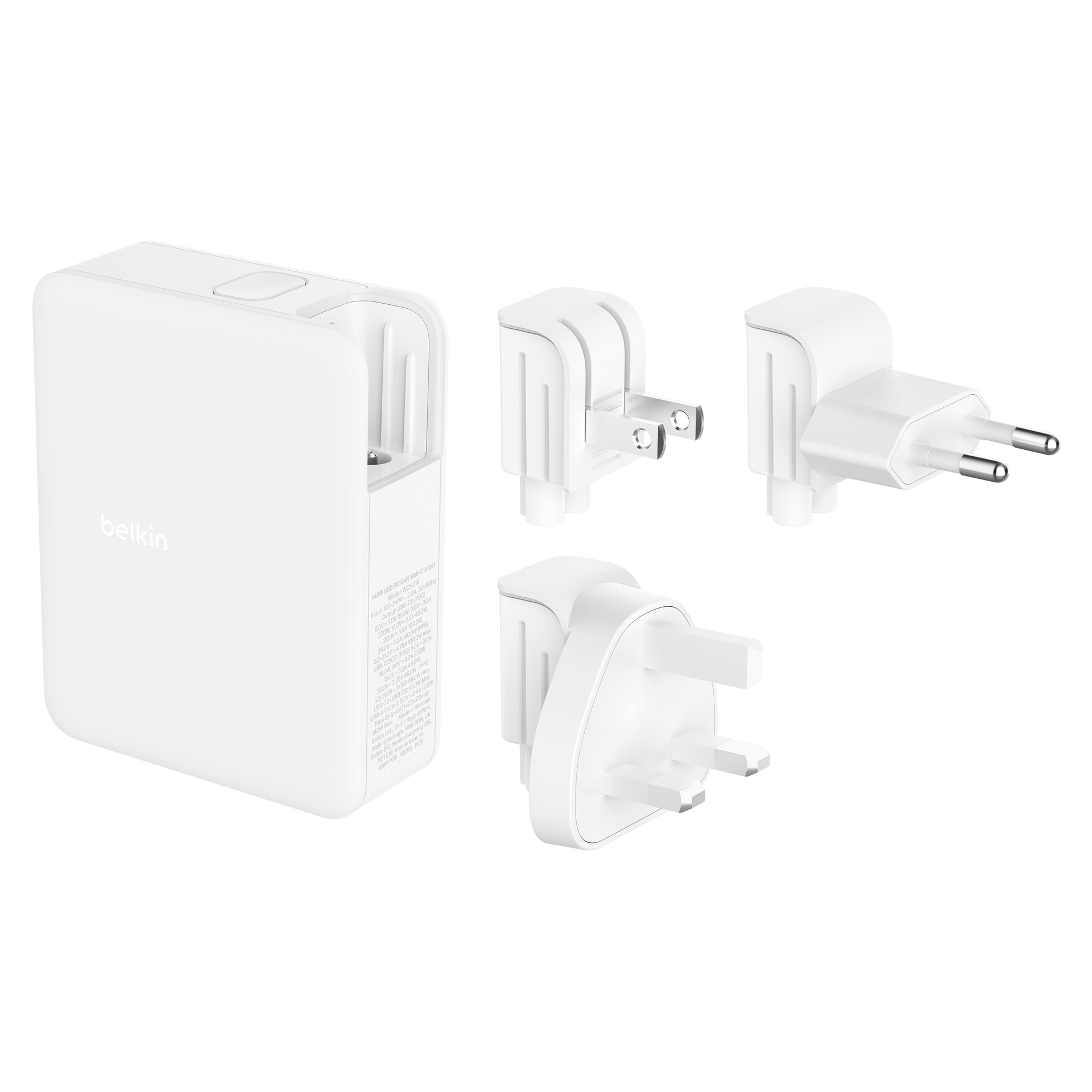 BELKIN USB-Ladegerät "140 Watt 4-Port GaN Ladegerät mit UK, EU, US Stecker", B:3,1cm H:9,6cm T:7,6cm, weiß, Ladegeräte