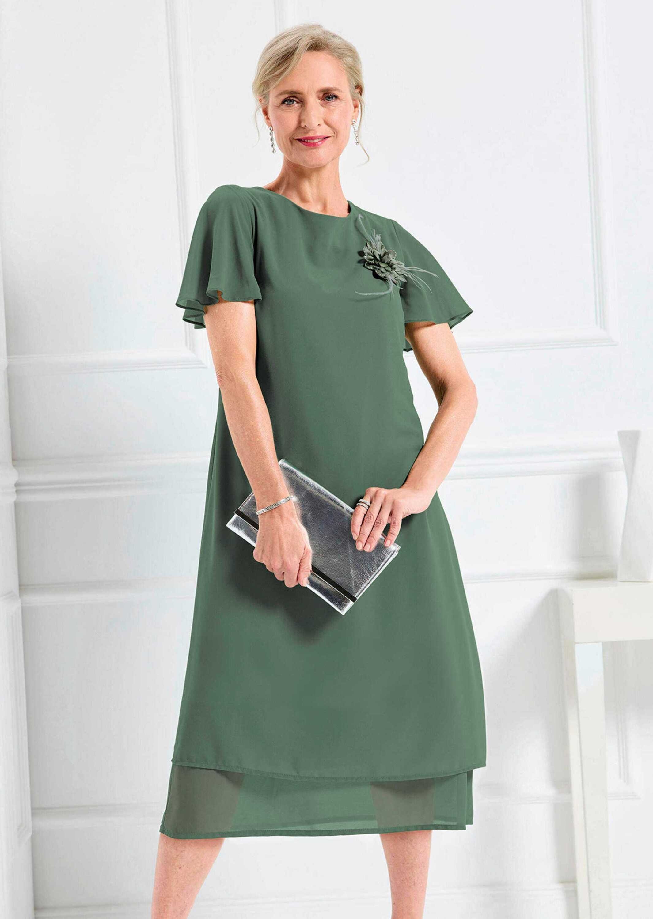 Sommerkleid GOLDNER "Abendkleid mit abnehmbarer Brosche", Damen, Gr. 38, N-Gr, grün (salbei), Obermaterial: 100% Polyester PES., gerade, Kleider Sommerkleid, dekorative Blumenbrosche mit Hotfixsteinen 3