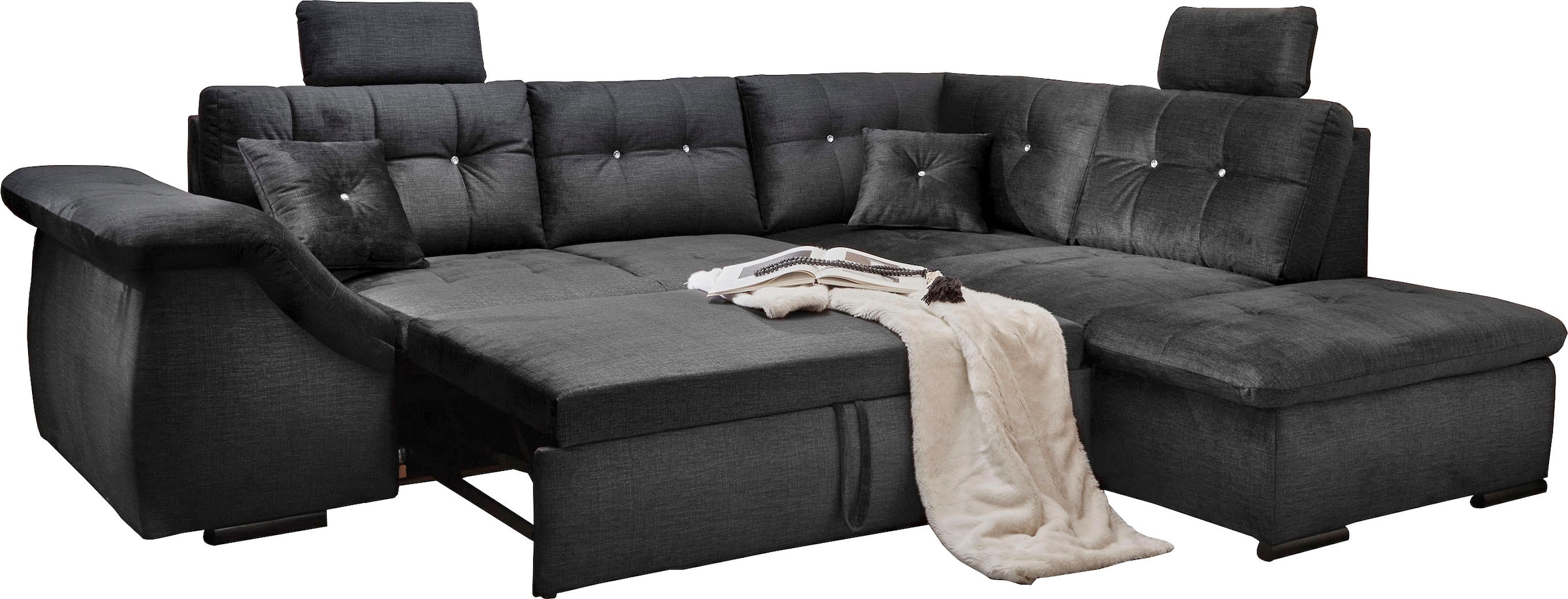 ED EXCITING DESIGN Ecksofa »Bolonia L-Form«, mit Bettfunktion, Bettkasten, Kopfstützen & 2 Zierkissen, Strasstein