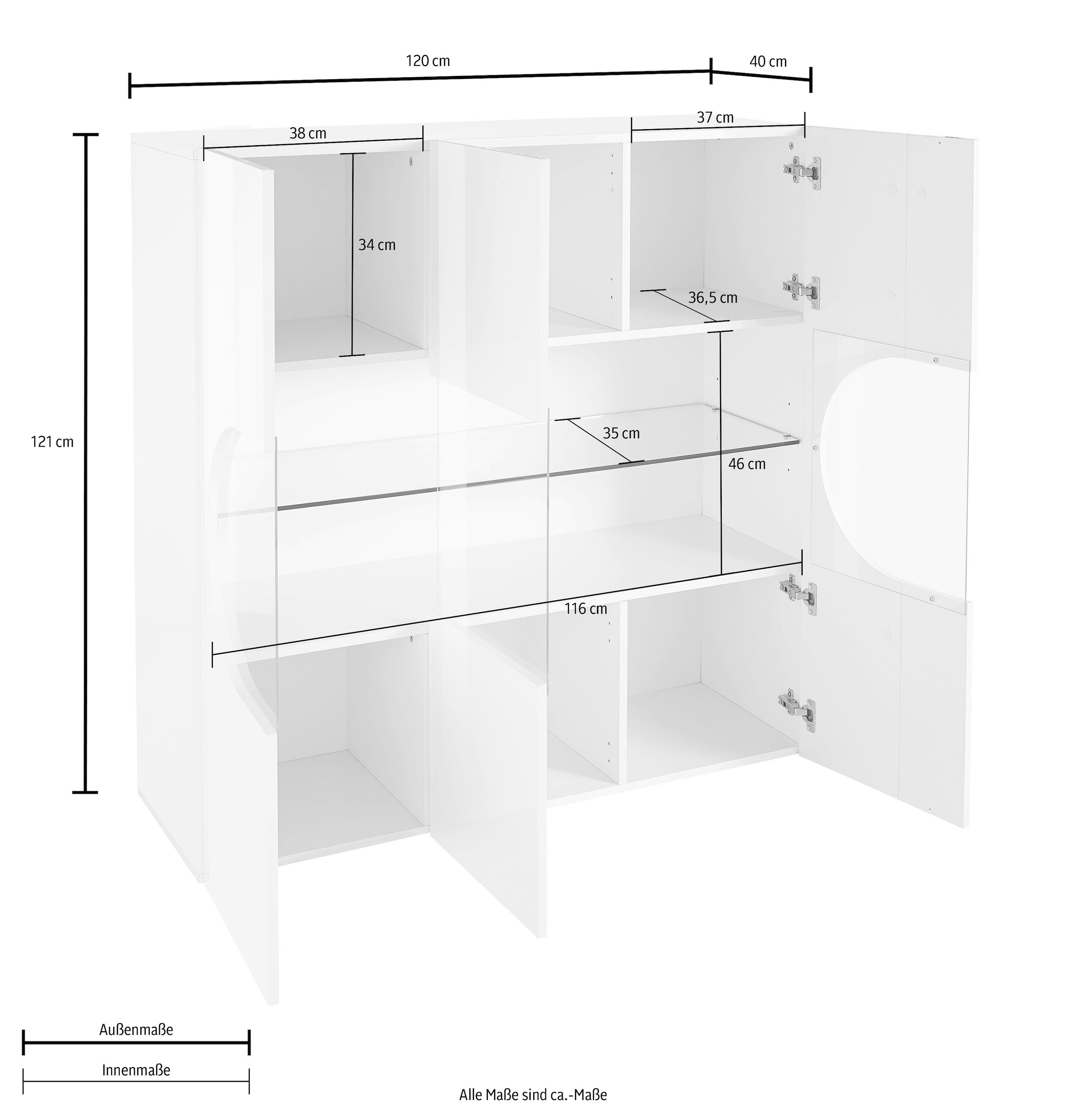 INOSIGN Highboard »Real,Highboard,Kommode,Schrank mit 3 Türen,komplett hochglanz lackiert«, mit 3 Türen, davon 2 aus Glas, mit einer großen Glasablage, Höhe 121