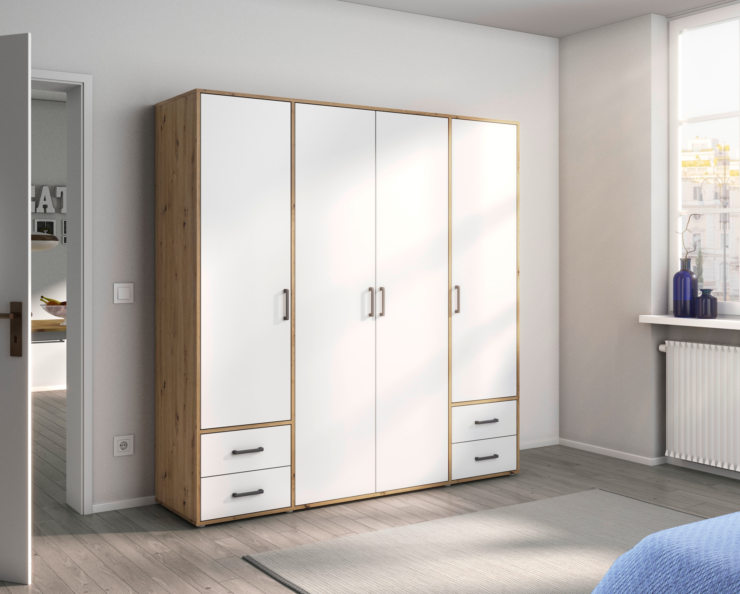 rauch Drehtürenschrank "Kleiderschrank Schrank Garderobe Wäscheschrank VOYAGER" in 3 verschiedenen Ausstattungen BASIC/CLASSIC/PREMIUM, mit 2 modernen Griffvarianten, mit Außenschubladen MADE IN GERMANY