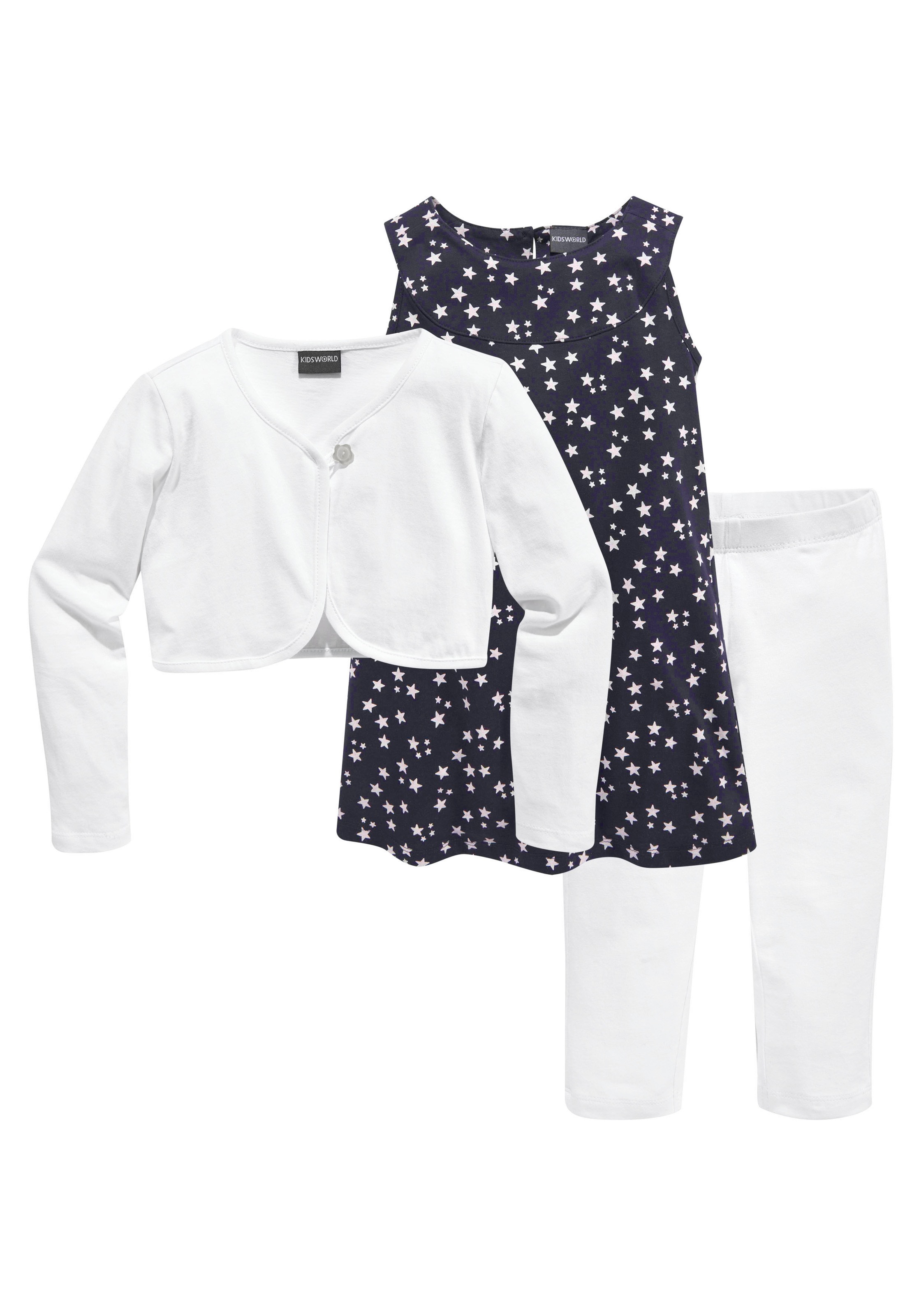 KIDSWORLD Bolero, Kleid & Leggings "3tlg. Set, Komplett Outfit mit Sternenmuster" Set, 3, 3 Stk. mit niedlicher Bolero-Jacke