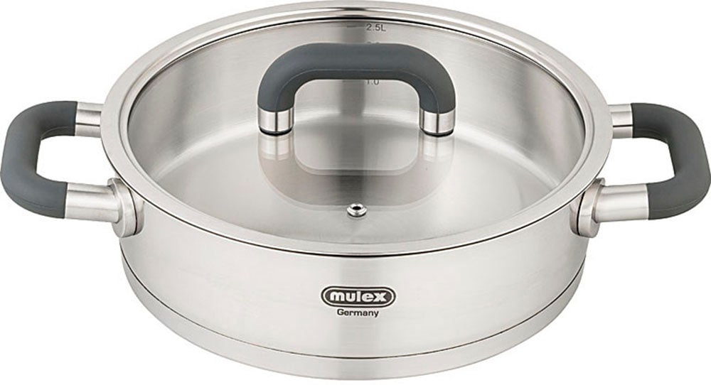 Mulex Servierpfanne "LUGANO" Edelstahl 18/10 Glasdeckel, Schüttrand, Kapselboden, Ø 24 cm, 5 Liter, Induktion